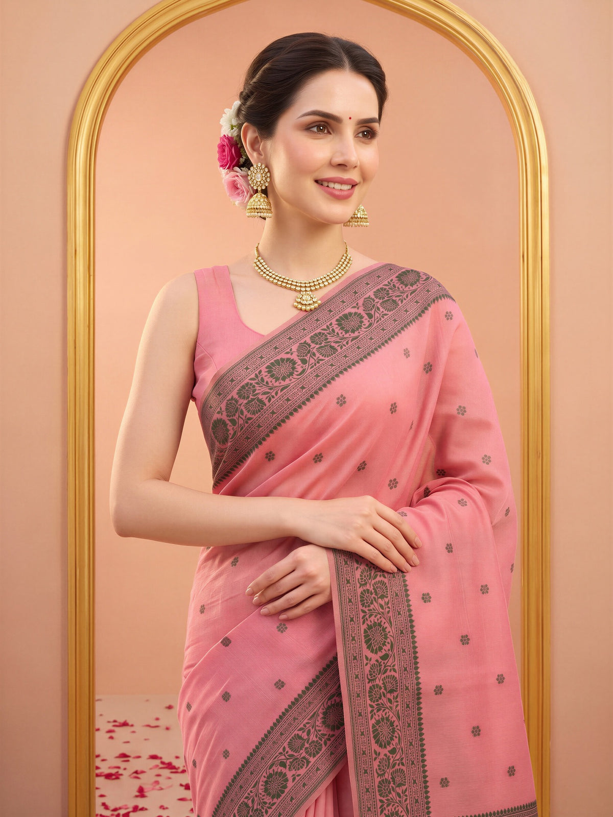 Peach cotton blend saree view 4