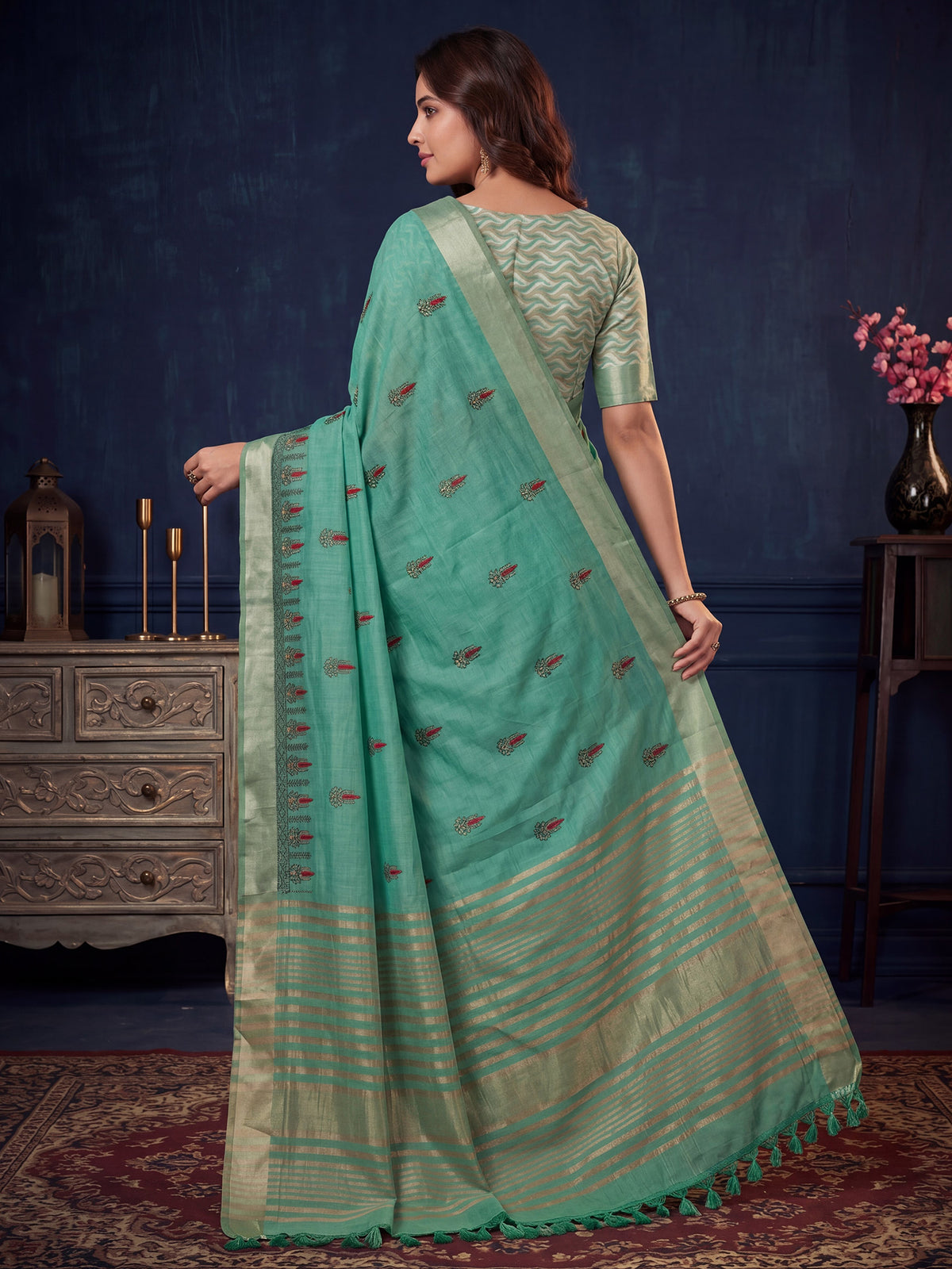 Sea Green Cotton Linen saree – detail view 1
