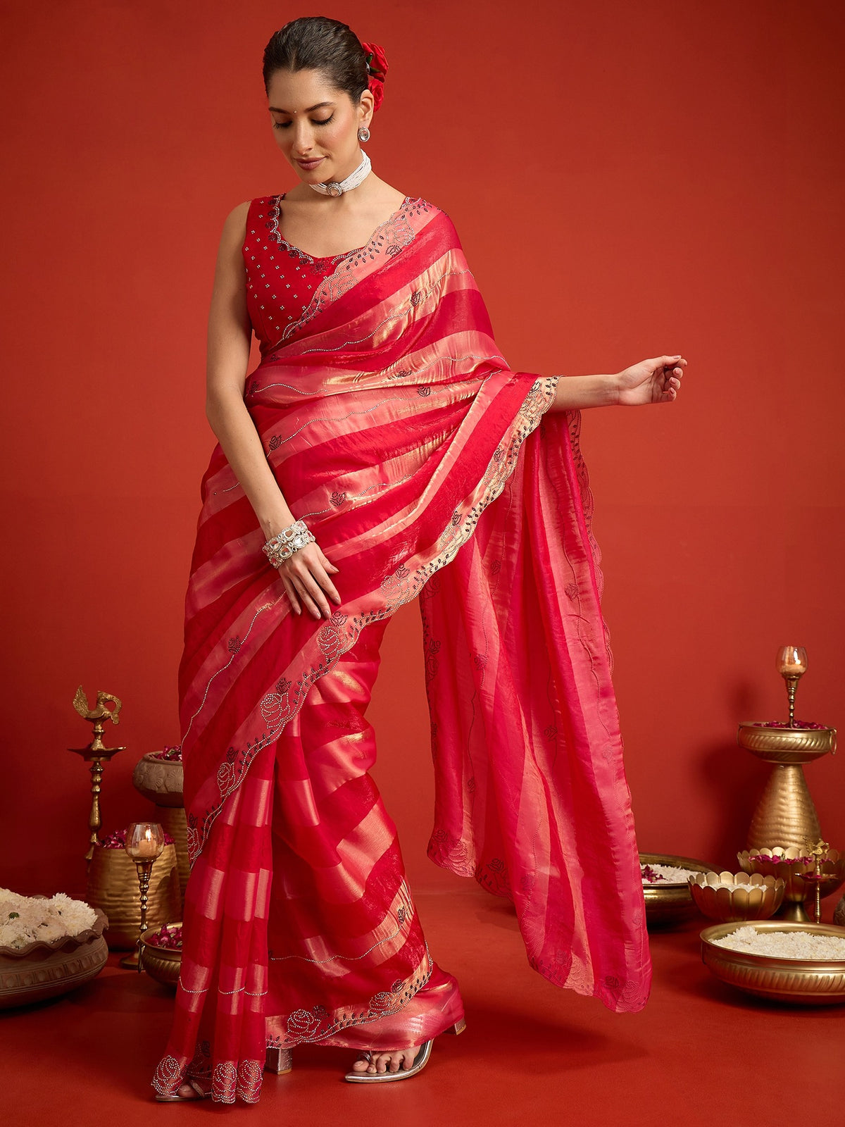 Pink Satin Silk saree – detail view 2