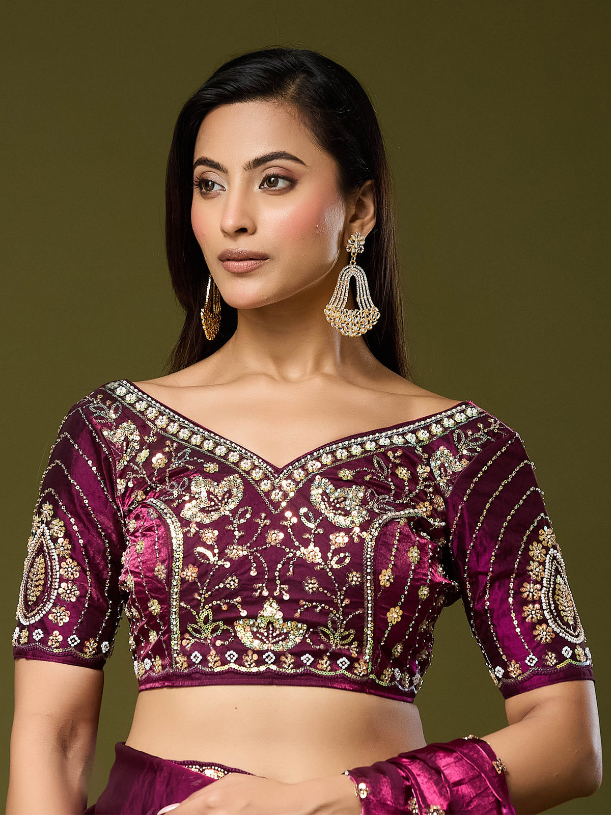 Unstitched wine satin silk blouse piece with embellished design