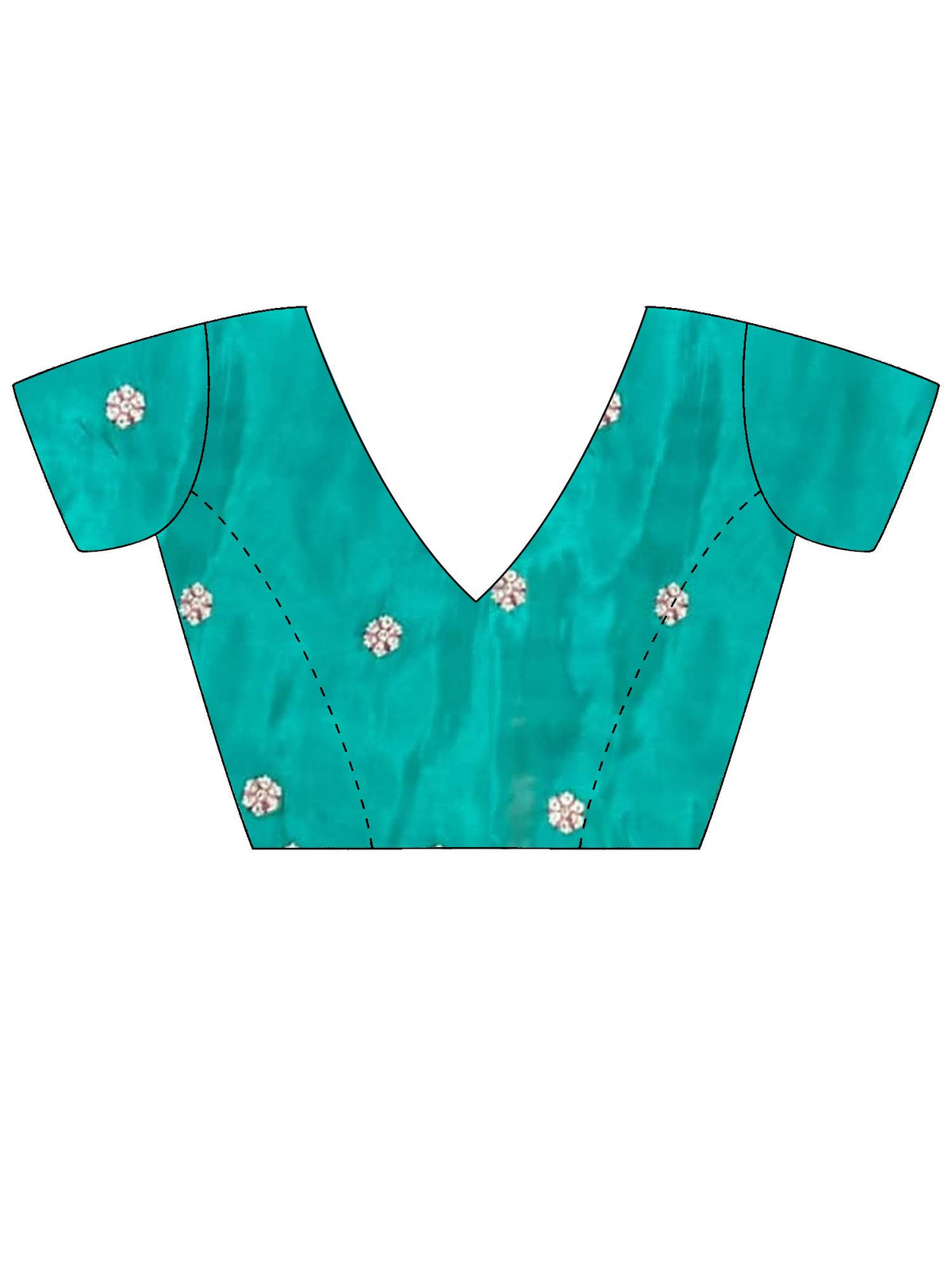 Unstitched teal blue satin blouse piece with embellished design