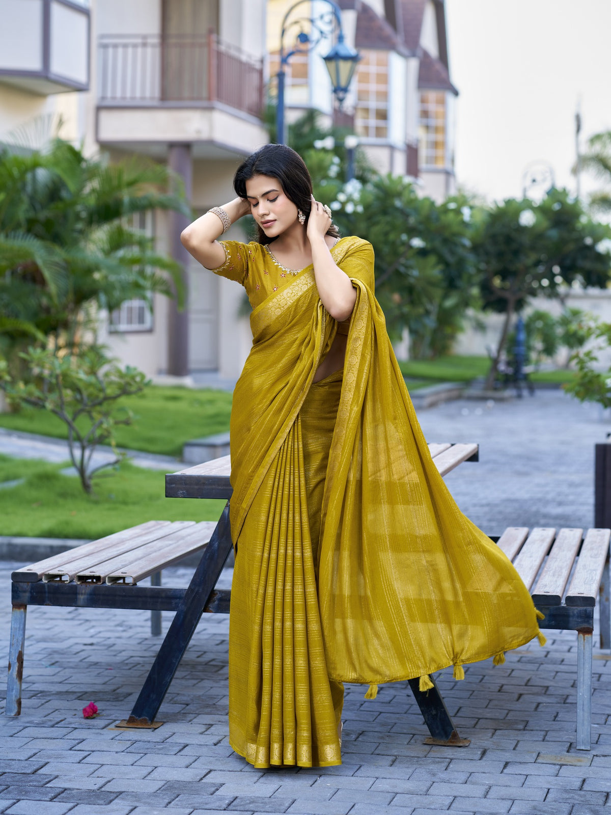 Olive jacquard saree view 3