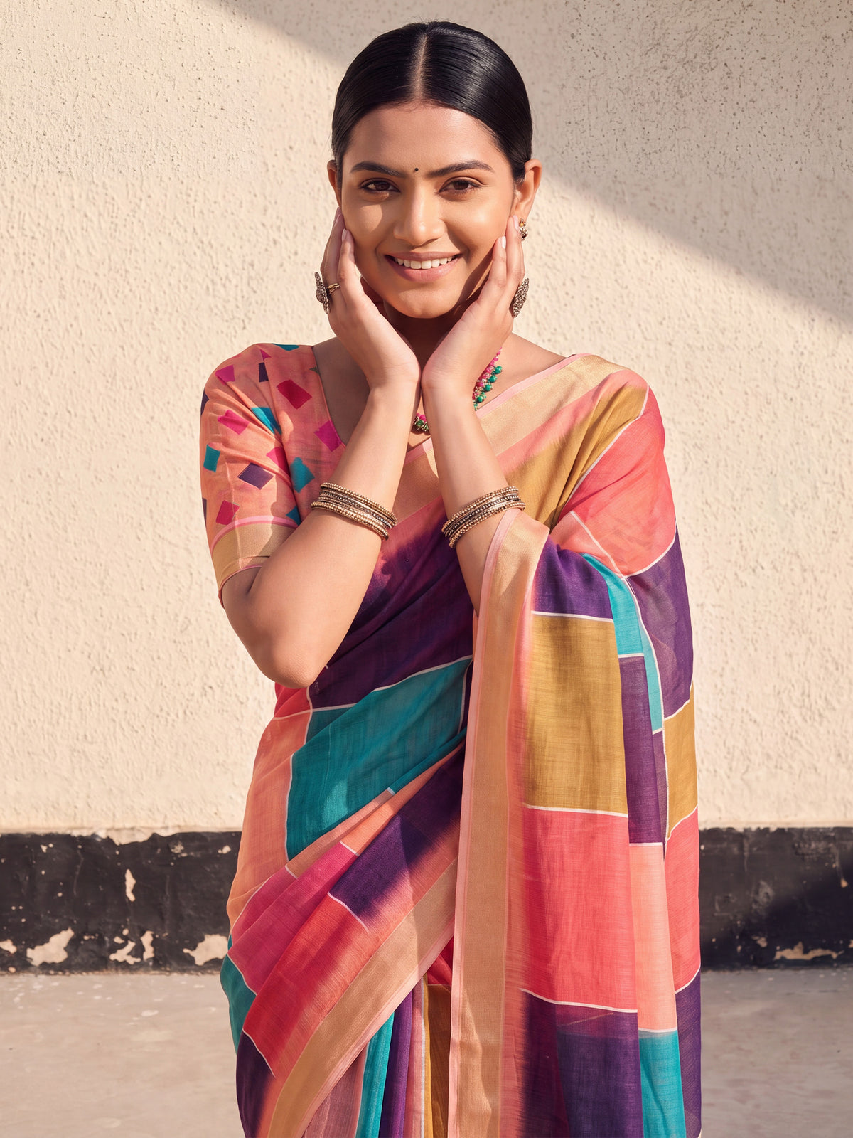 Multicolored Linen saree – detail view 4