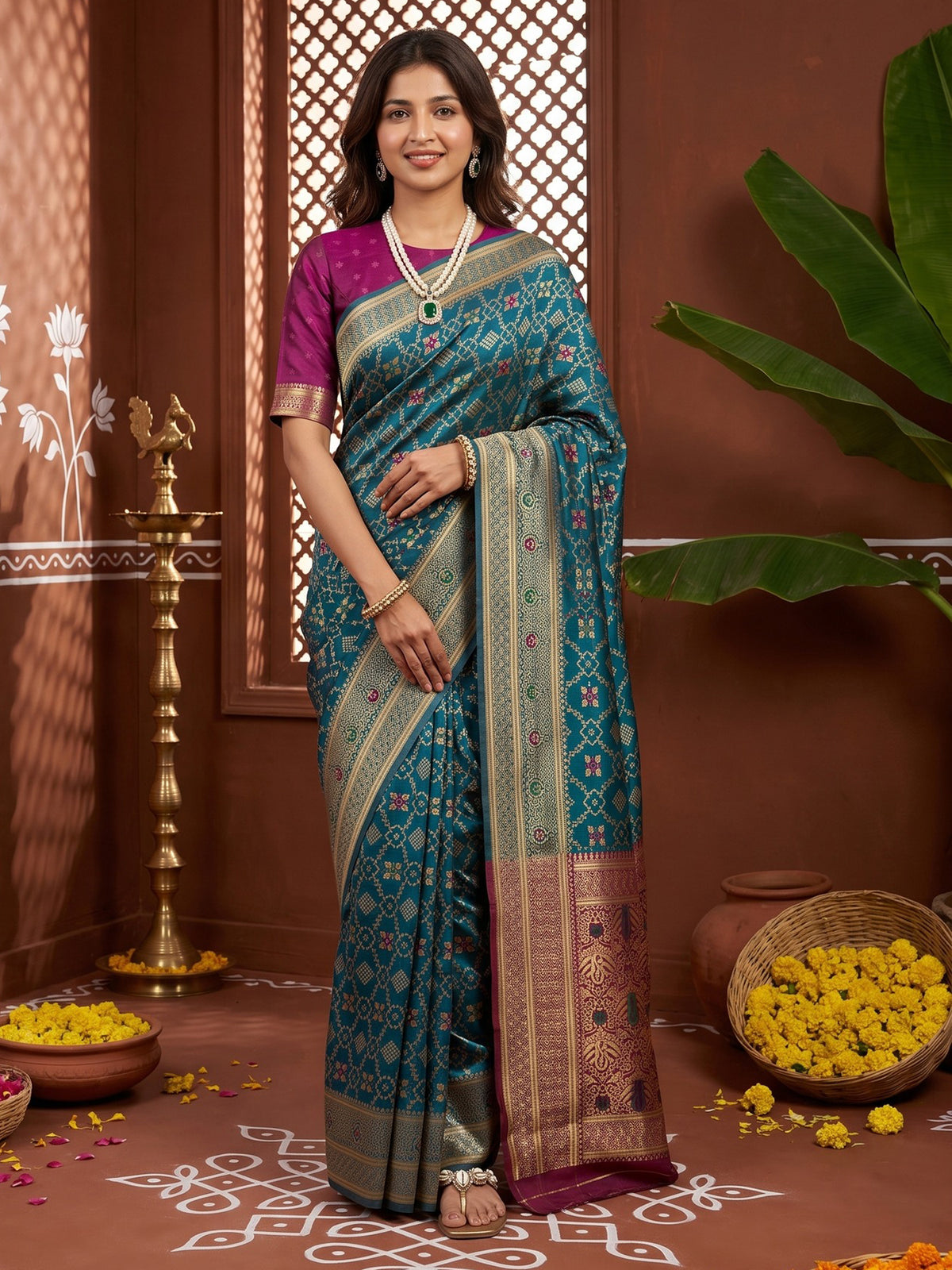 Woman wearing teal blue silk blend saree with traditional indian motif work and purple blouse