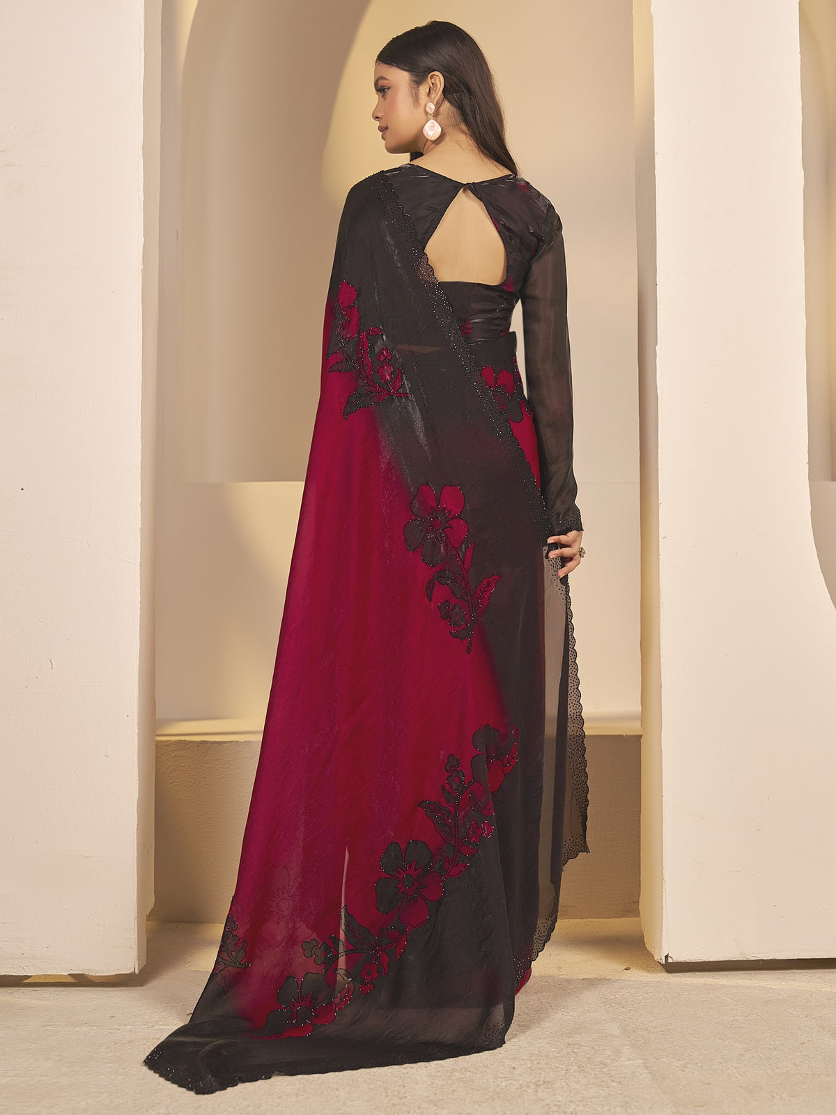 Red satin silk saree view 1