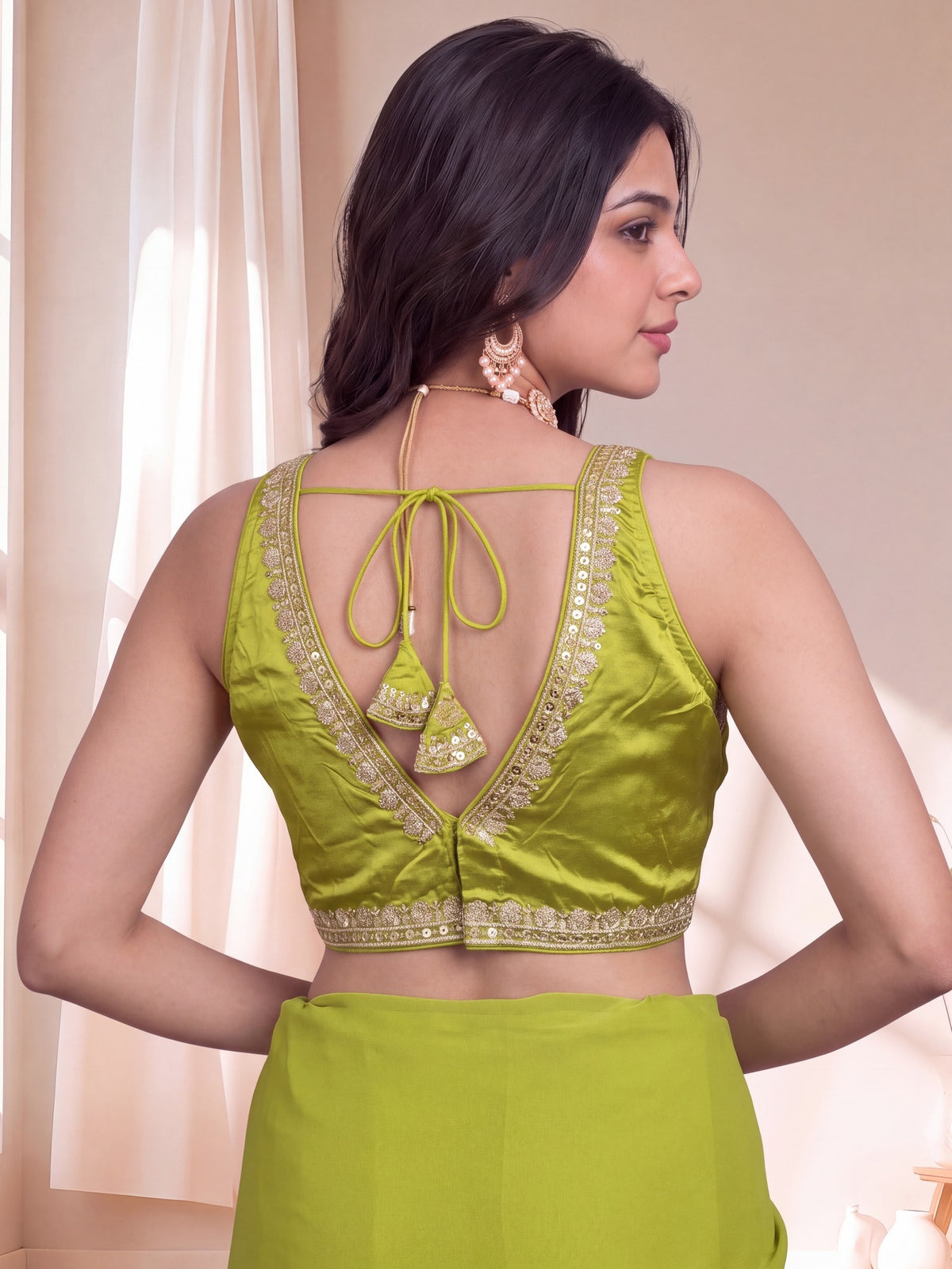 Lime Green sequin embellished silk blend sleeveless readymade saree blouse with deep v neck view 3