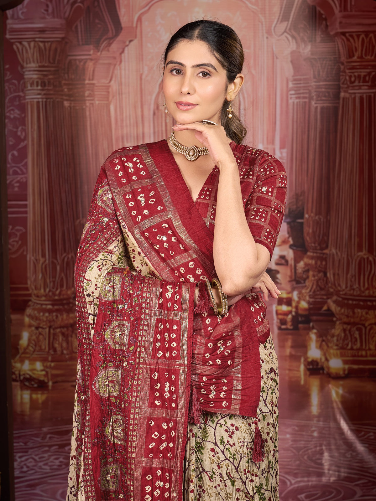Cream tussar silk saree view 1