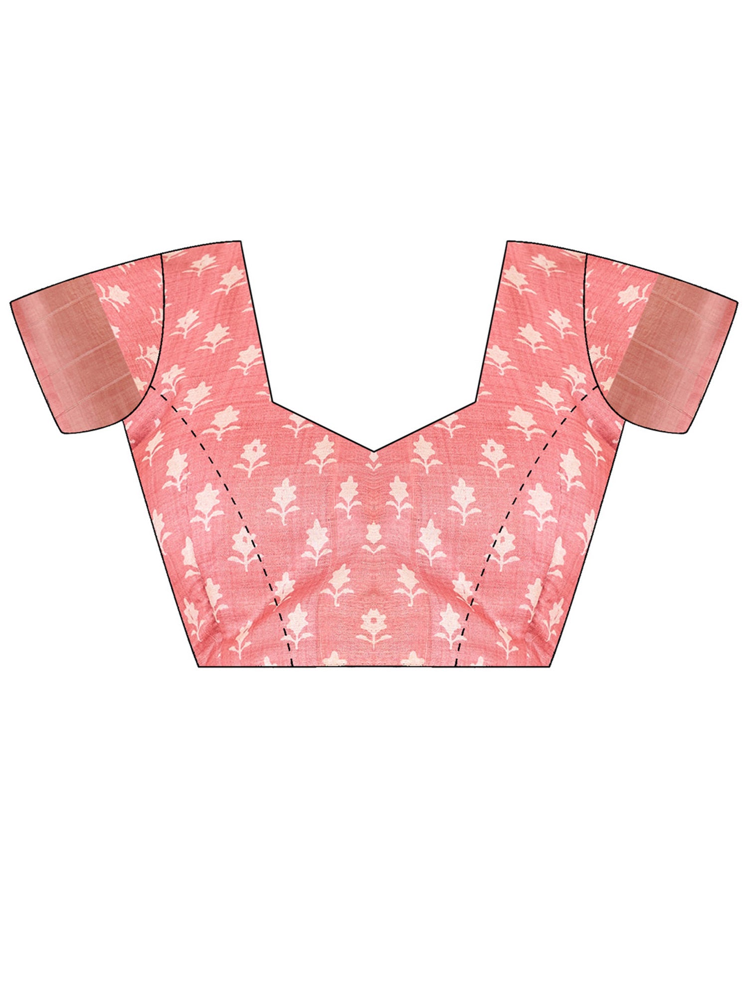 Unstitched peach satin silk blouse piece with ethnic motif design