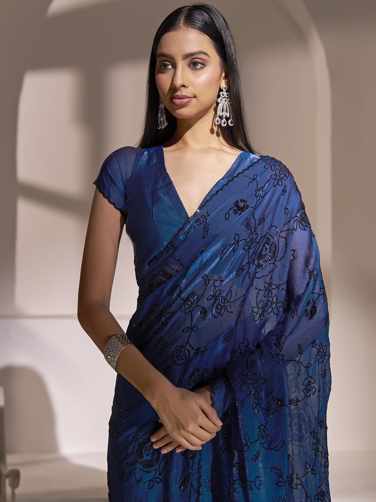 Teal Blue satin silk saree view 4