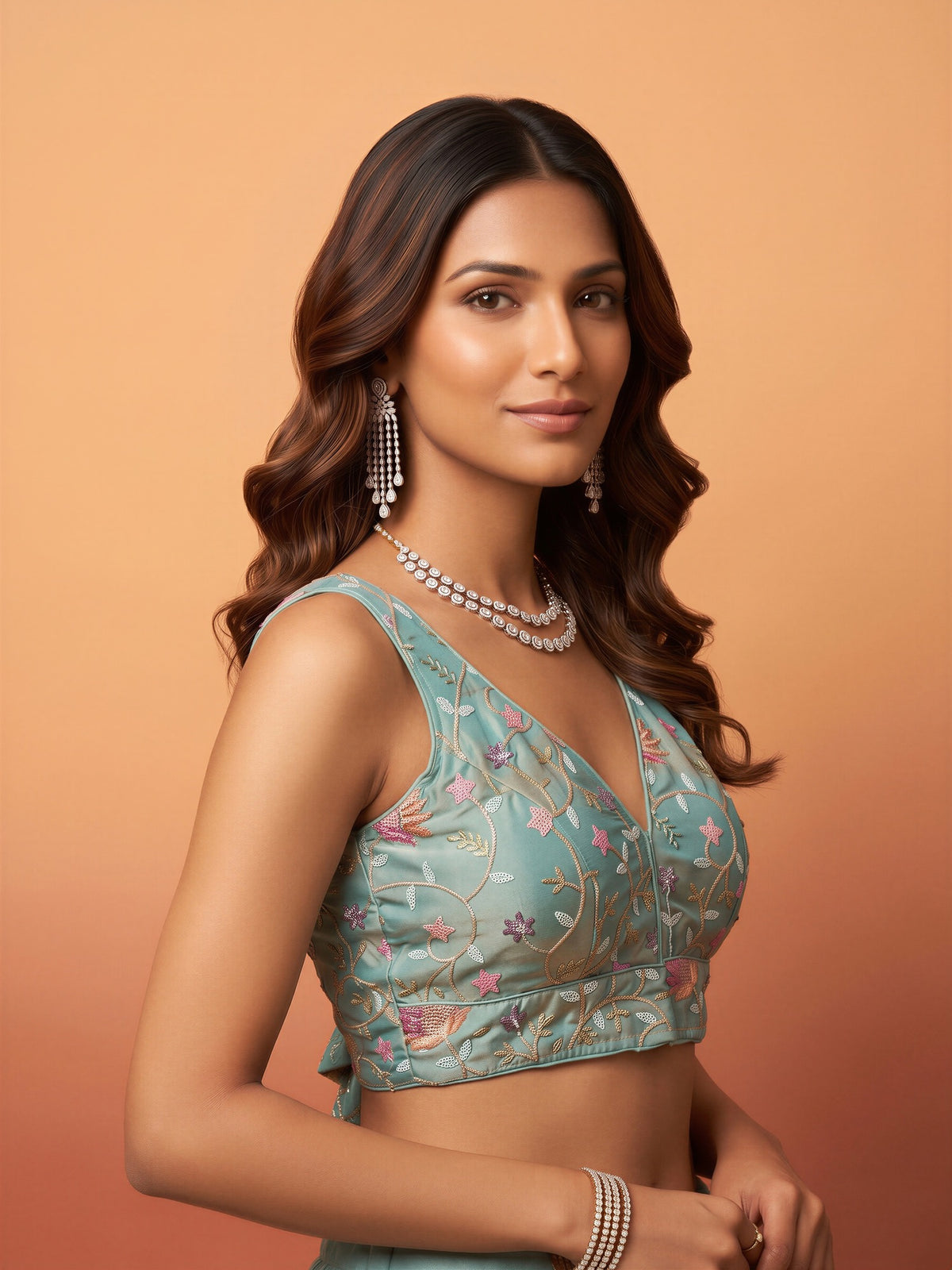 Light Blue sequin embellished satin sleeveless readymade saree blouse with deep v neck view 2