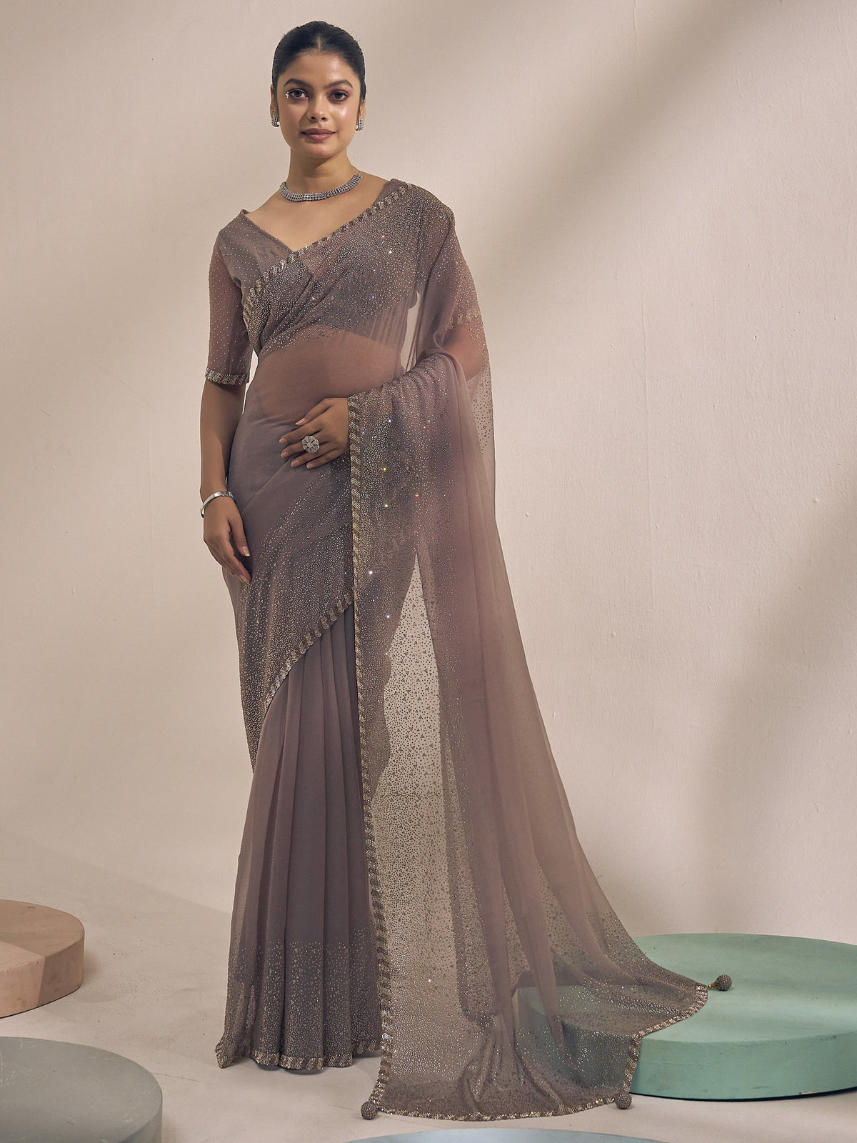 Grey embellished chiffon saree with grey blouse piece