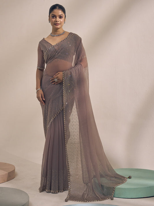 Grey embellished chiffon saree with grey blouse piece