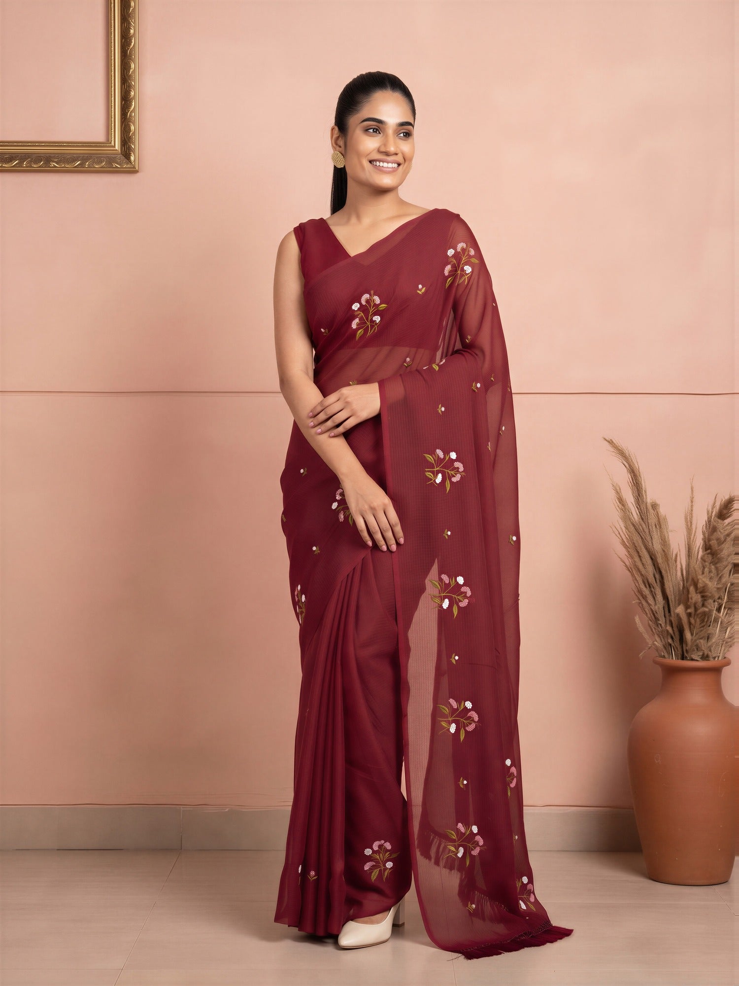 Maroon Kota Doria Cotton saree – detail view 3