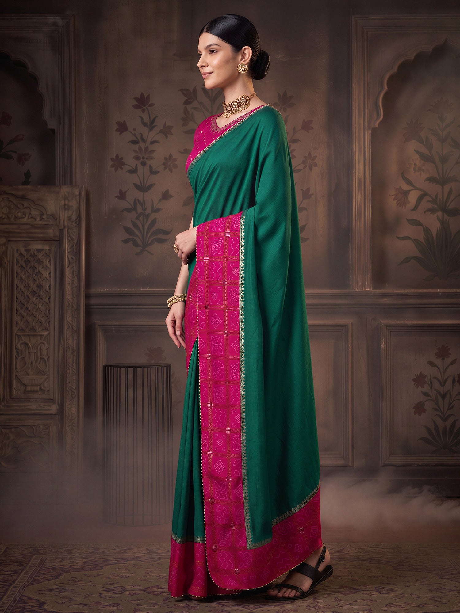 Teal Green Vichitra Silk saree – detail view 1
