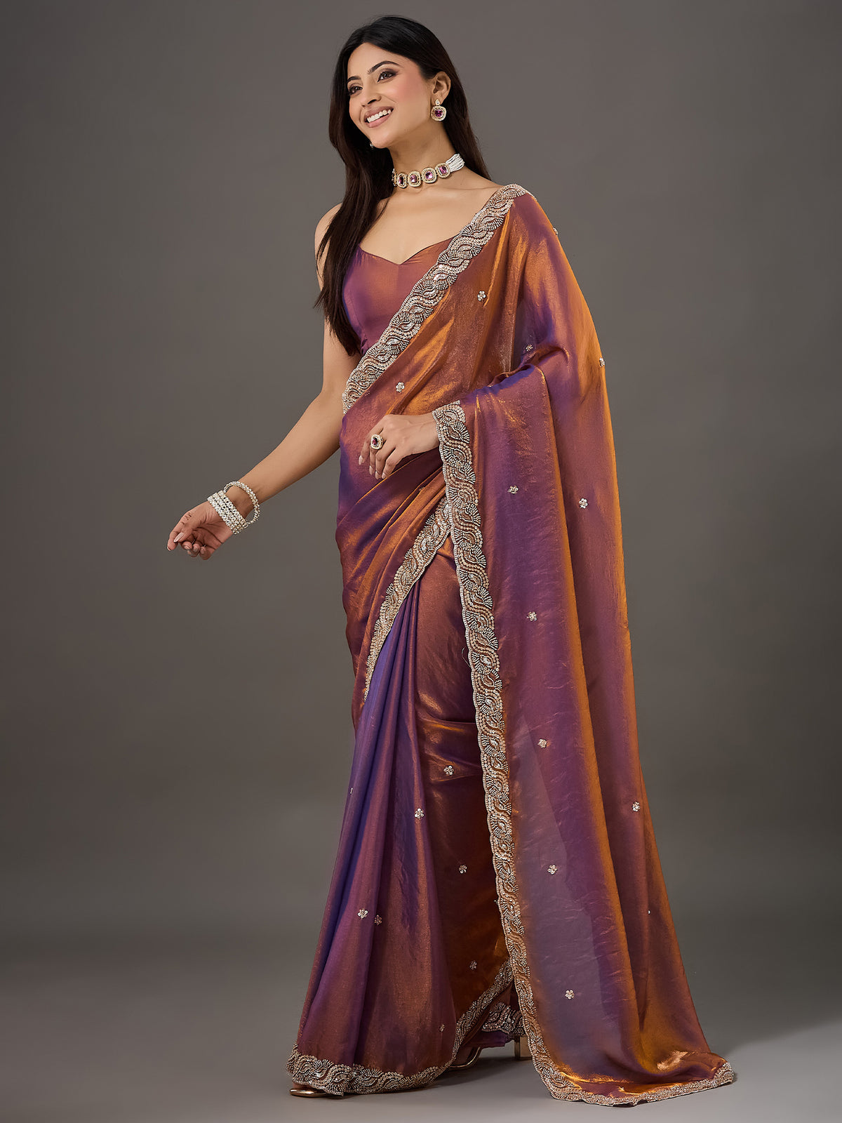 Bronze Satin saree – detail view 1
