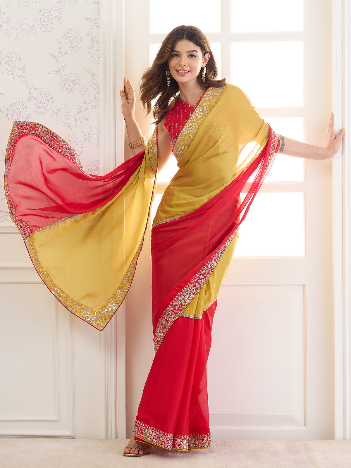 Red Pure Georgette saree – detail view 3