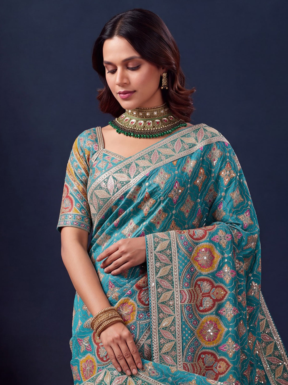 Teal Blue Silk Blend saree – detail view 4