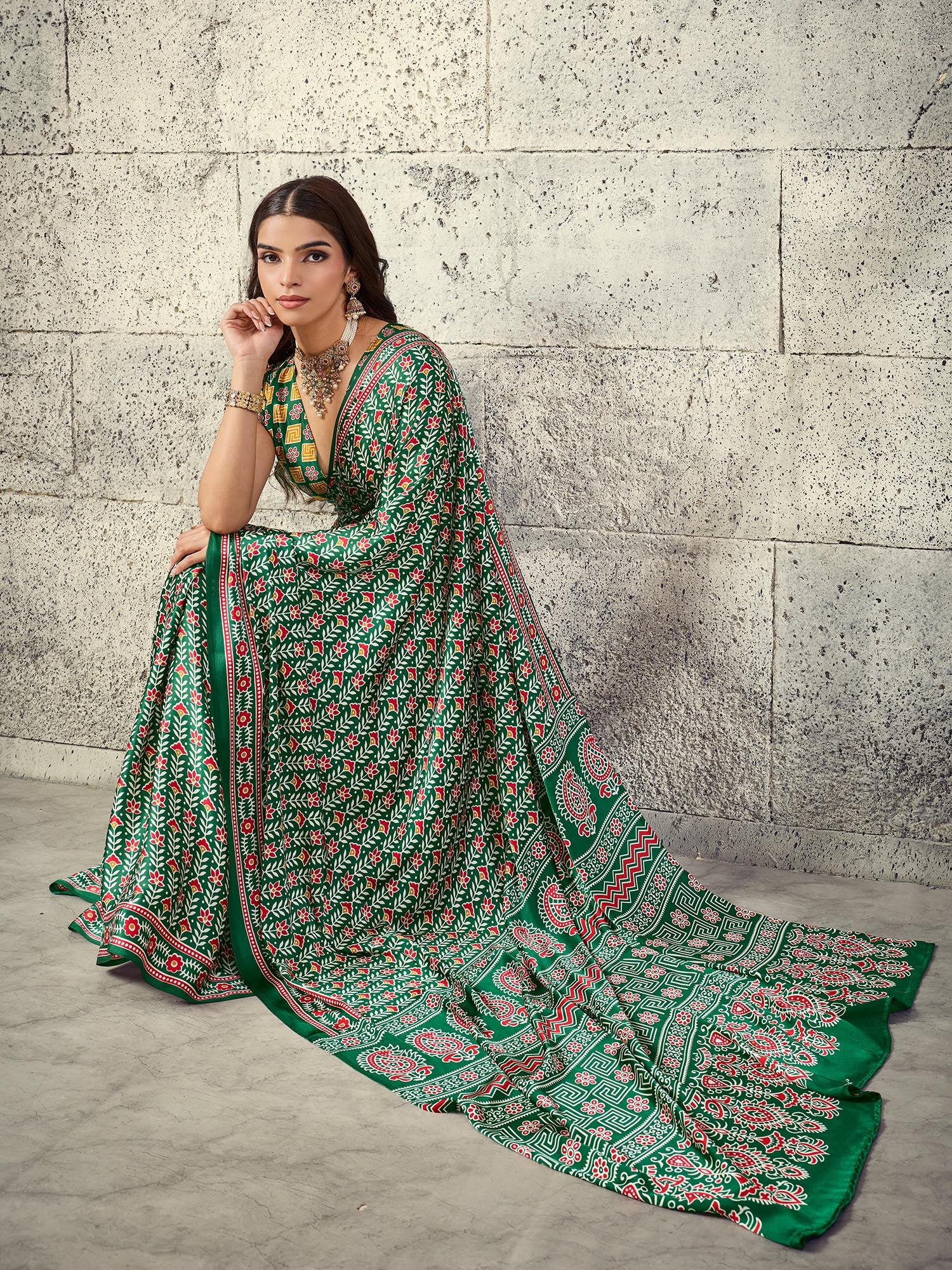 Green Satin saree – detail view 2