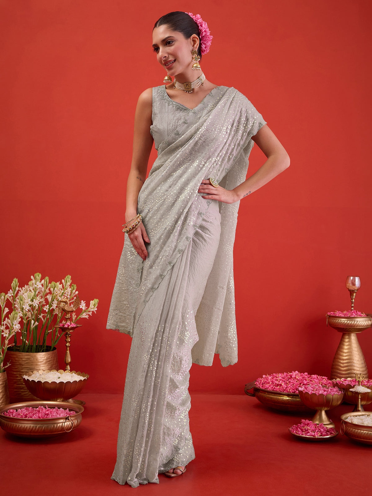 Grey Satin saree – detail view 1