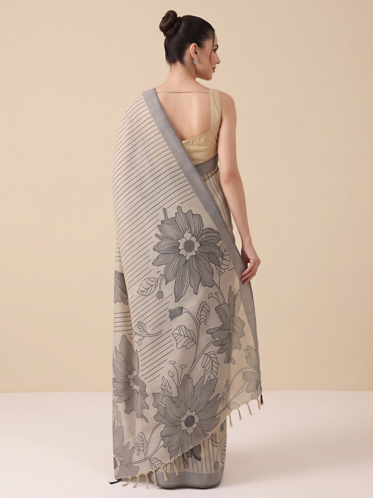 Beige silk blend saree view 1