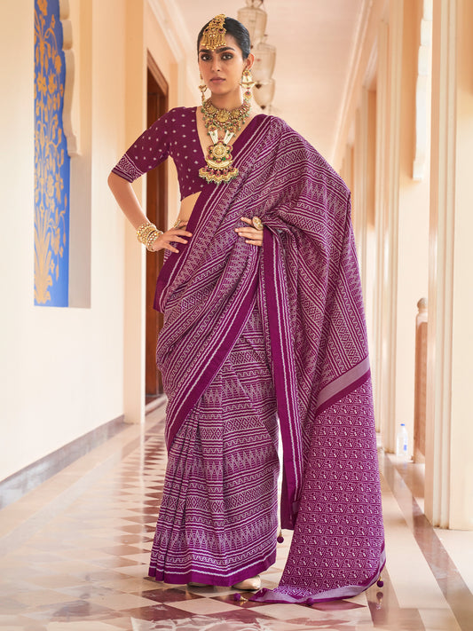 Wine geometric silk blend saree with wine blouse piece