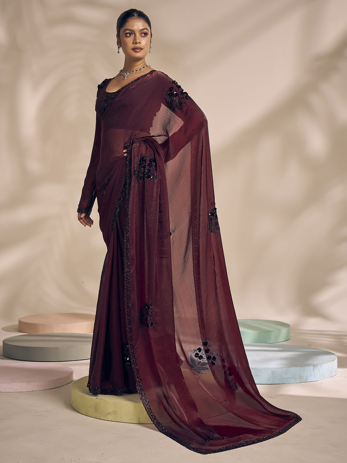 Wine satin silk saree view 1