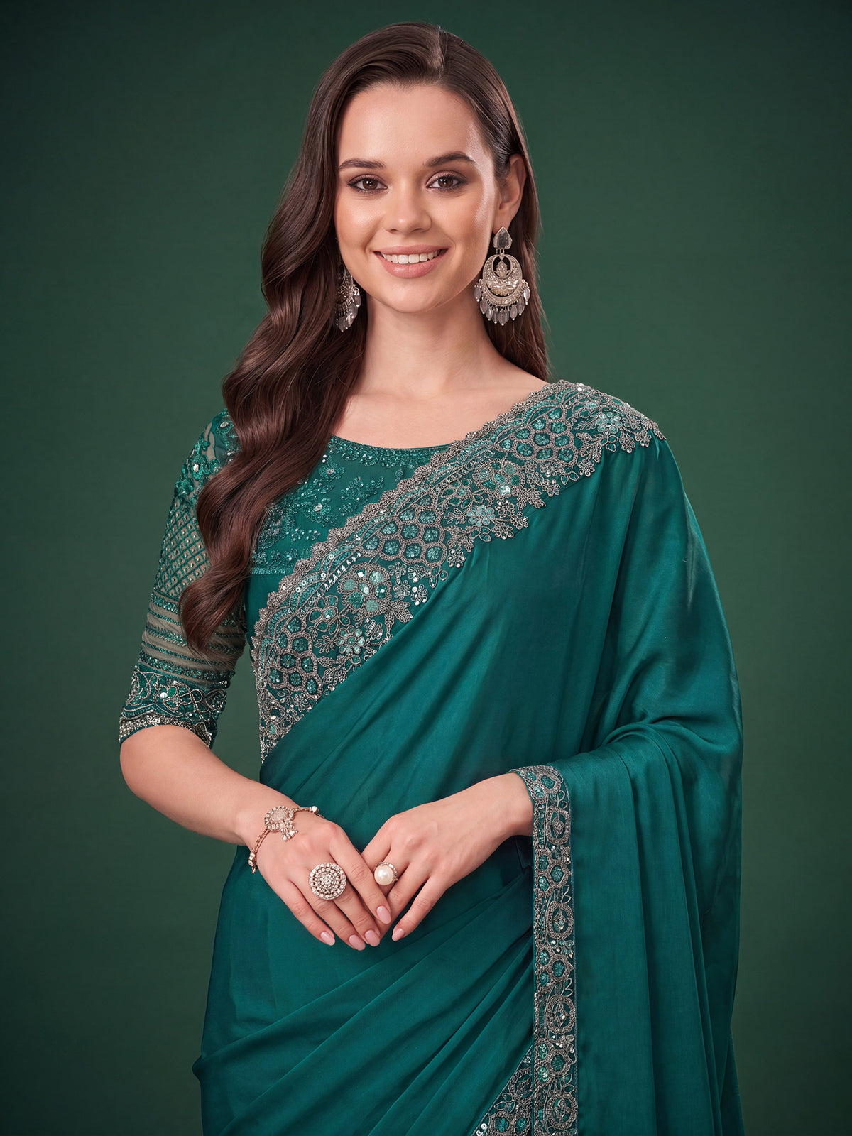 Teal Green Satin Silk saree – detail view 3