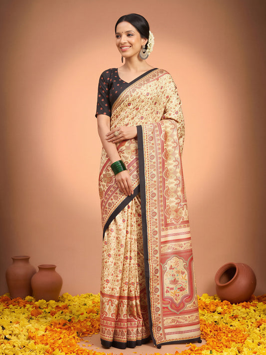 Woman wearing cream silk blend saree with metallic foil print work and black blouse