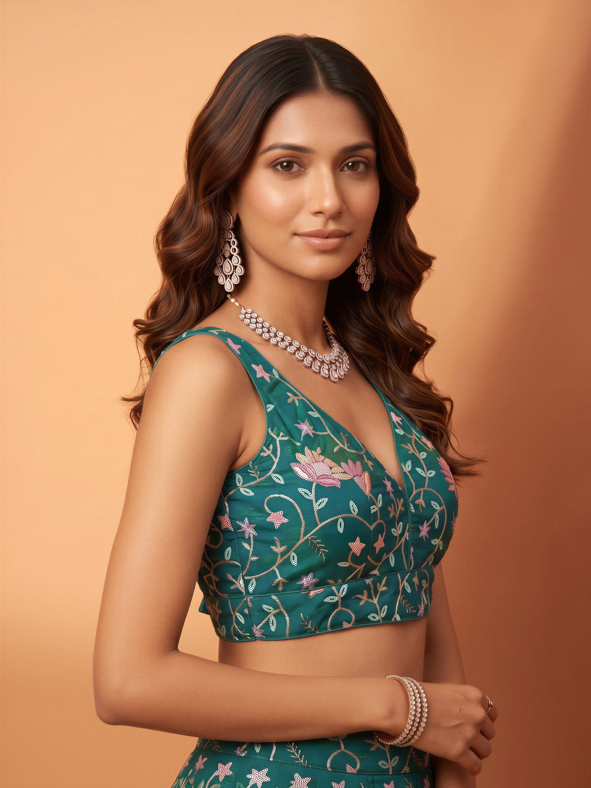 Teal Blue sequin embellished satin sleeveless readymade saree blouse with deep v neck view 2