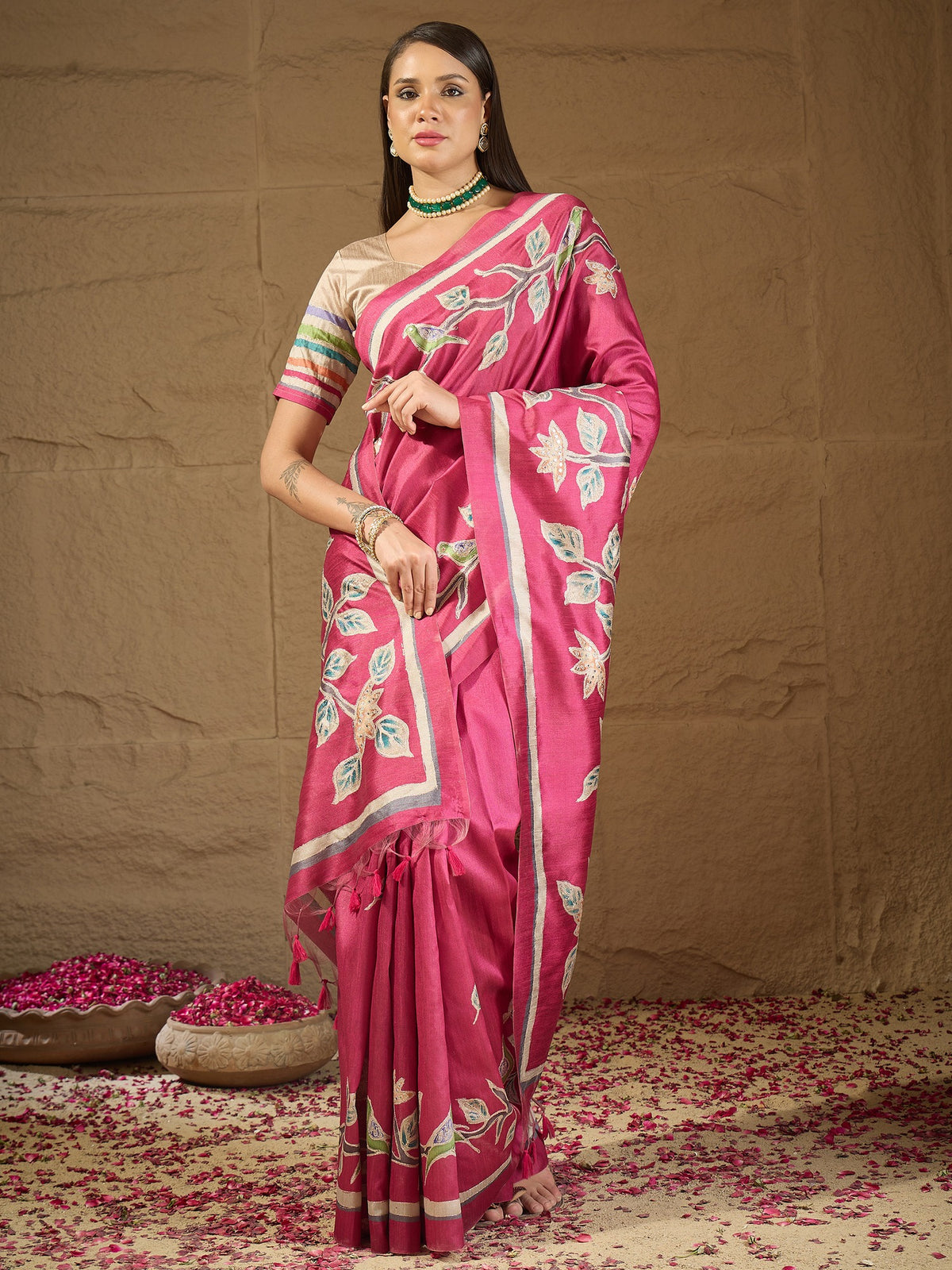Pink art silk saree view 4