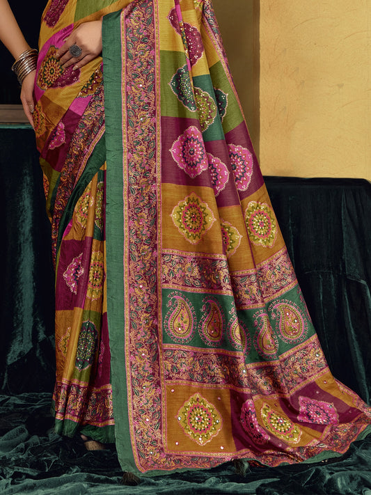 Multicolored tussar silk saree view 1