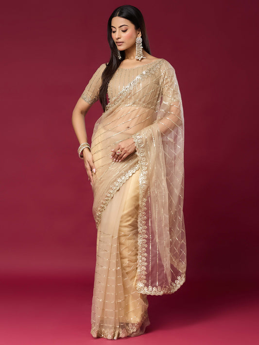 Woman wearing beige net saree with ornamented surface design and beige blouse
