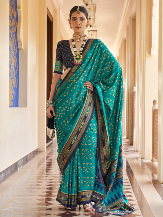 Teal Blue ikat silk blend saree with navy blue blouse piece