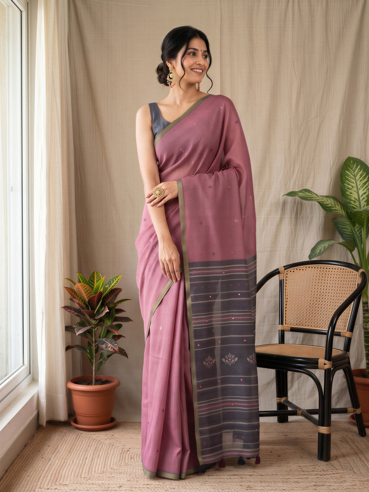 Wine Linen Blend saree – detail view 3