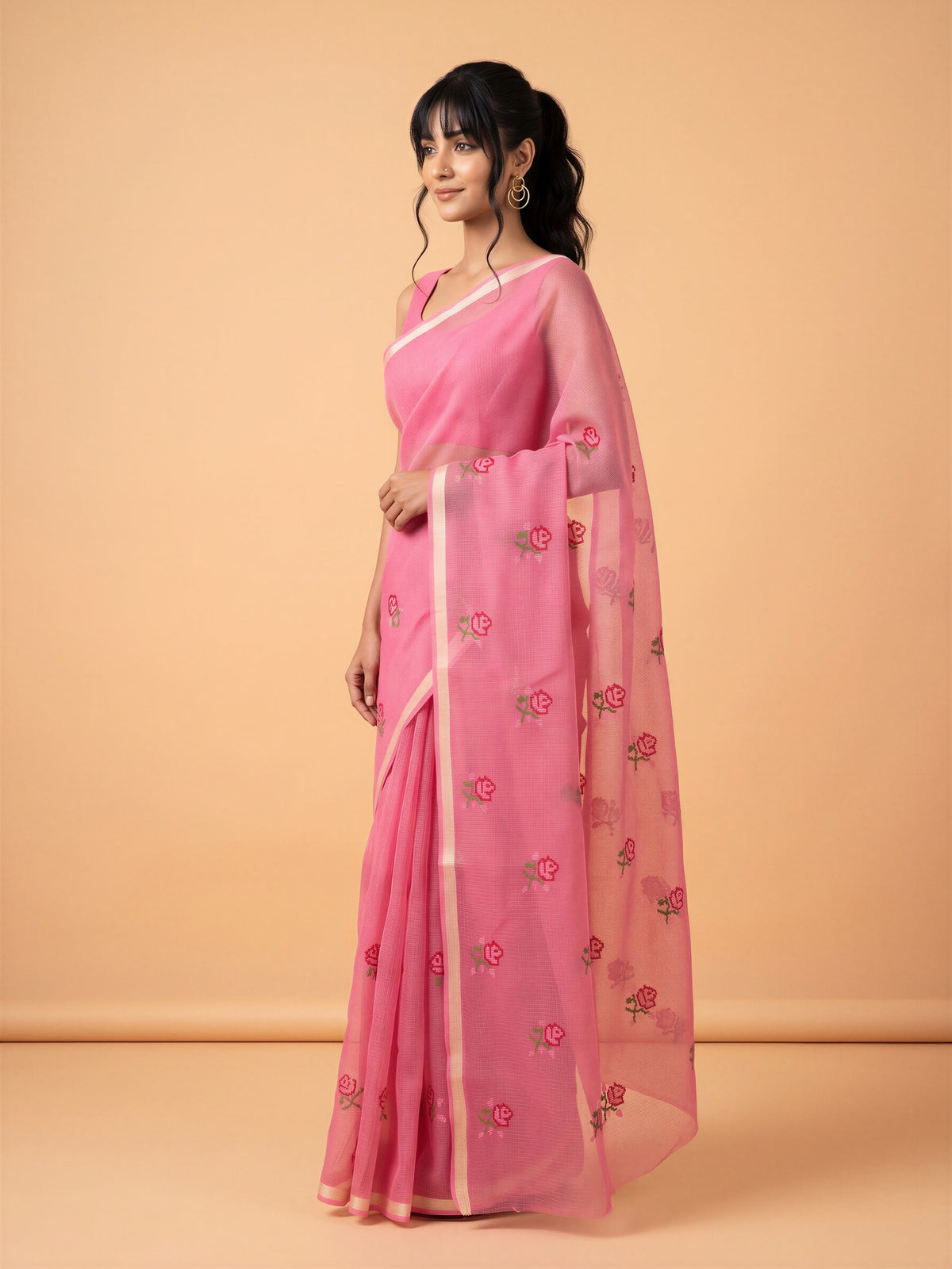 Pink Kota Doria Cotton saree – detail view 2