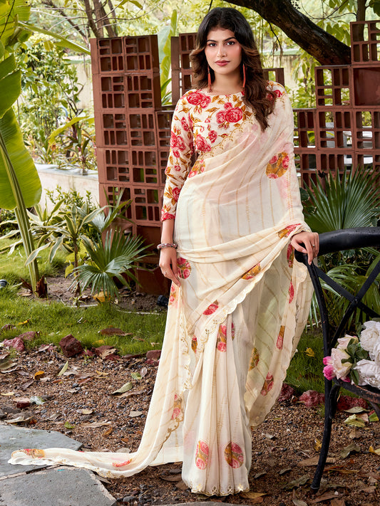 Woman wearing off white chiffon saree with metallic foil print work and multicolored blouse