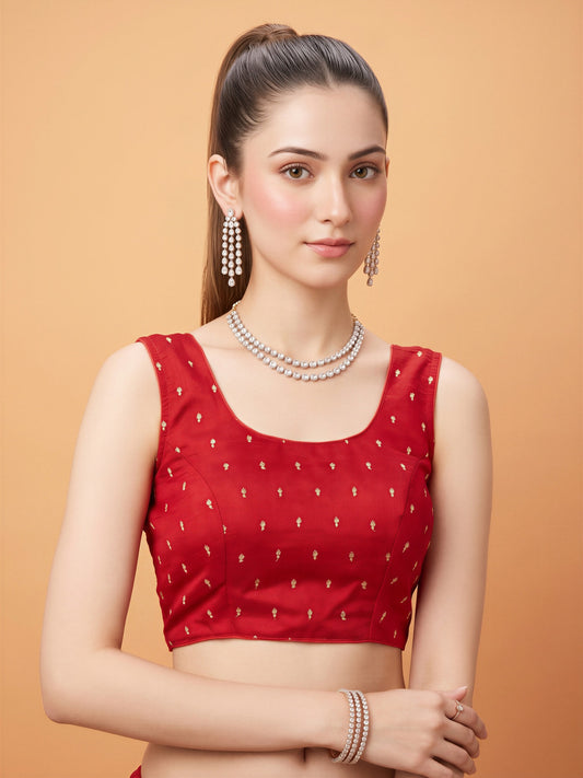 Red sequin embellished silk blend sleeveless readymade saree blouse with round neck