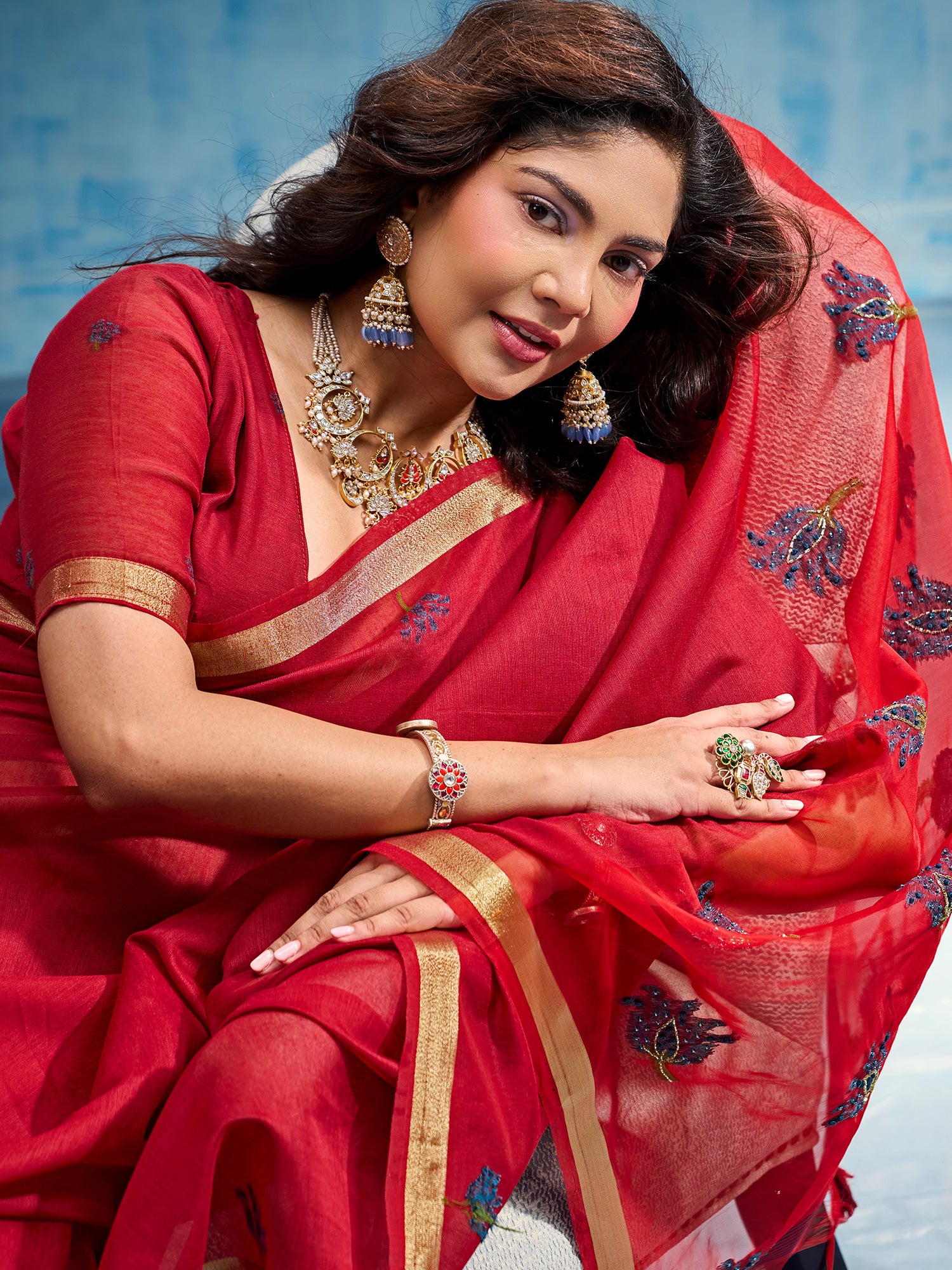 Red Muga Cotton saree – detail view 3