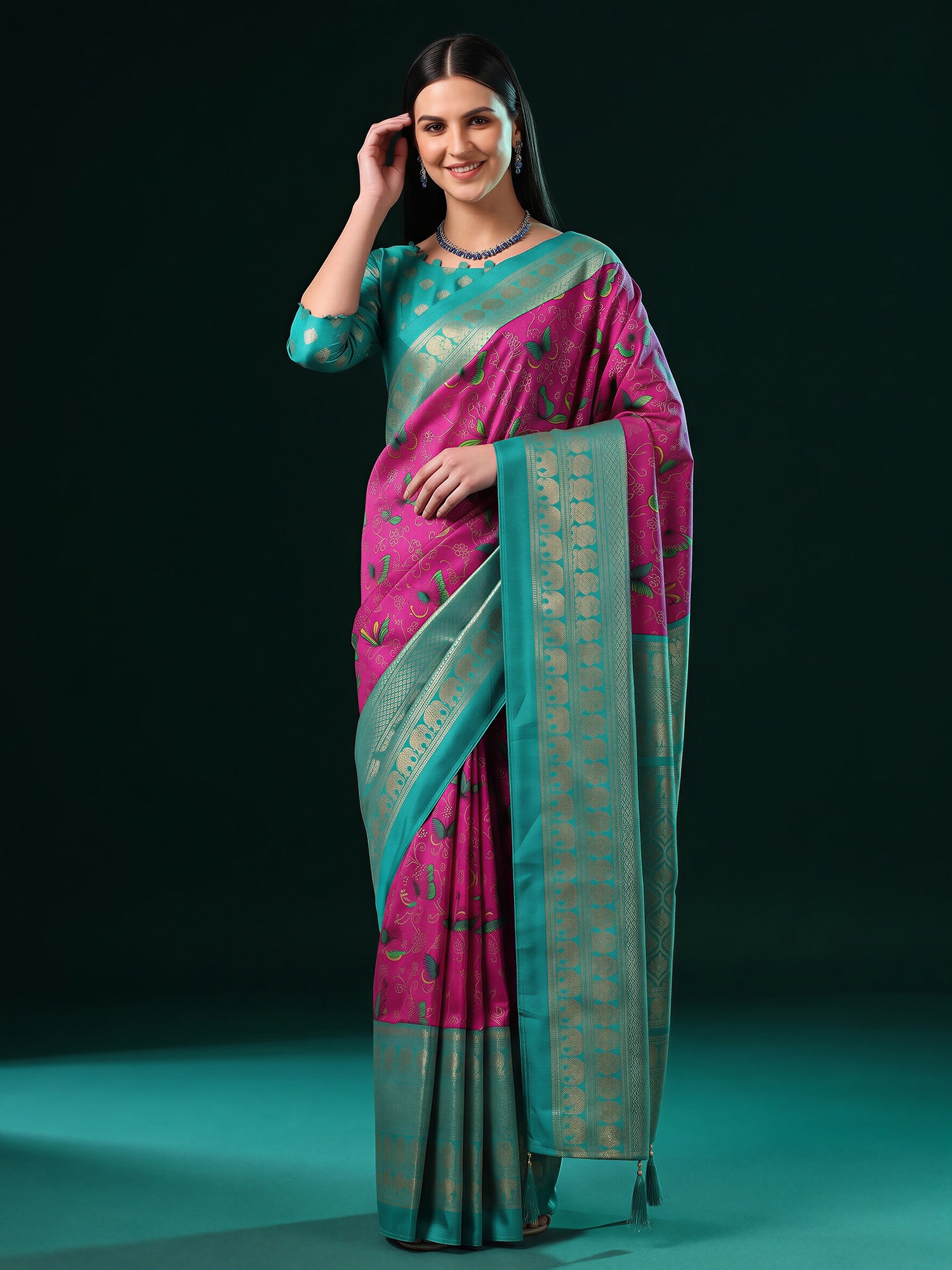 Woman wearing magenta cotton blend saree with butterfly motif design and aqua blue blouse