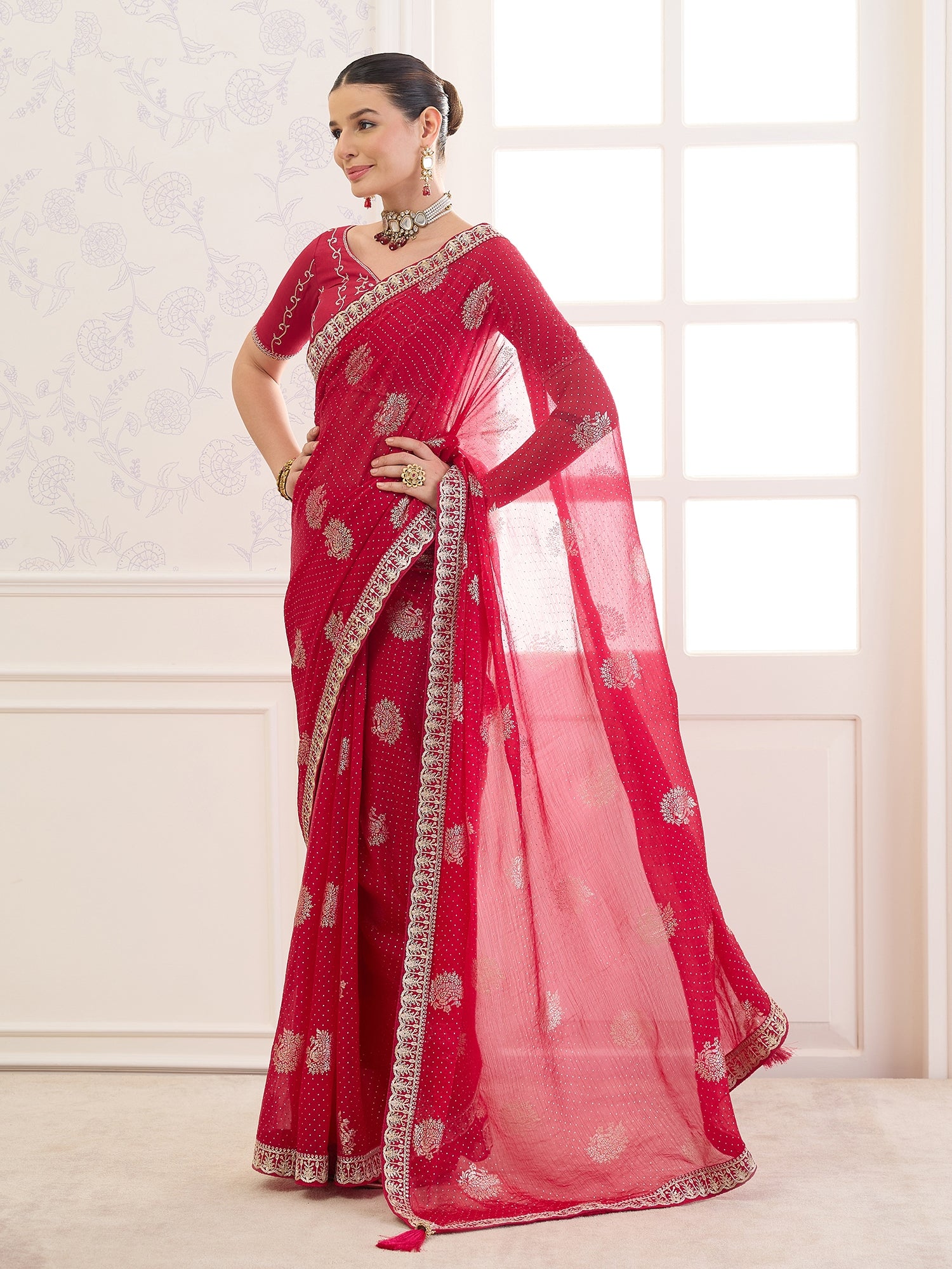 Red Chiffon saree – detail view 2