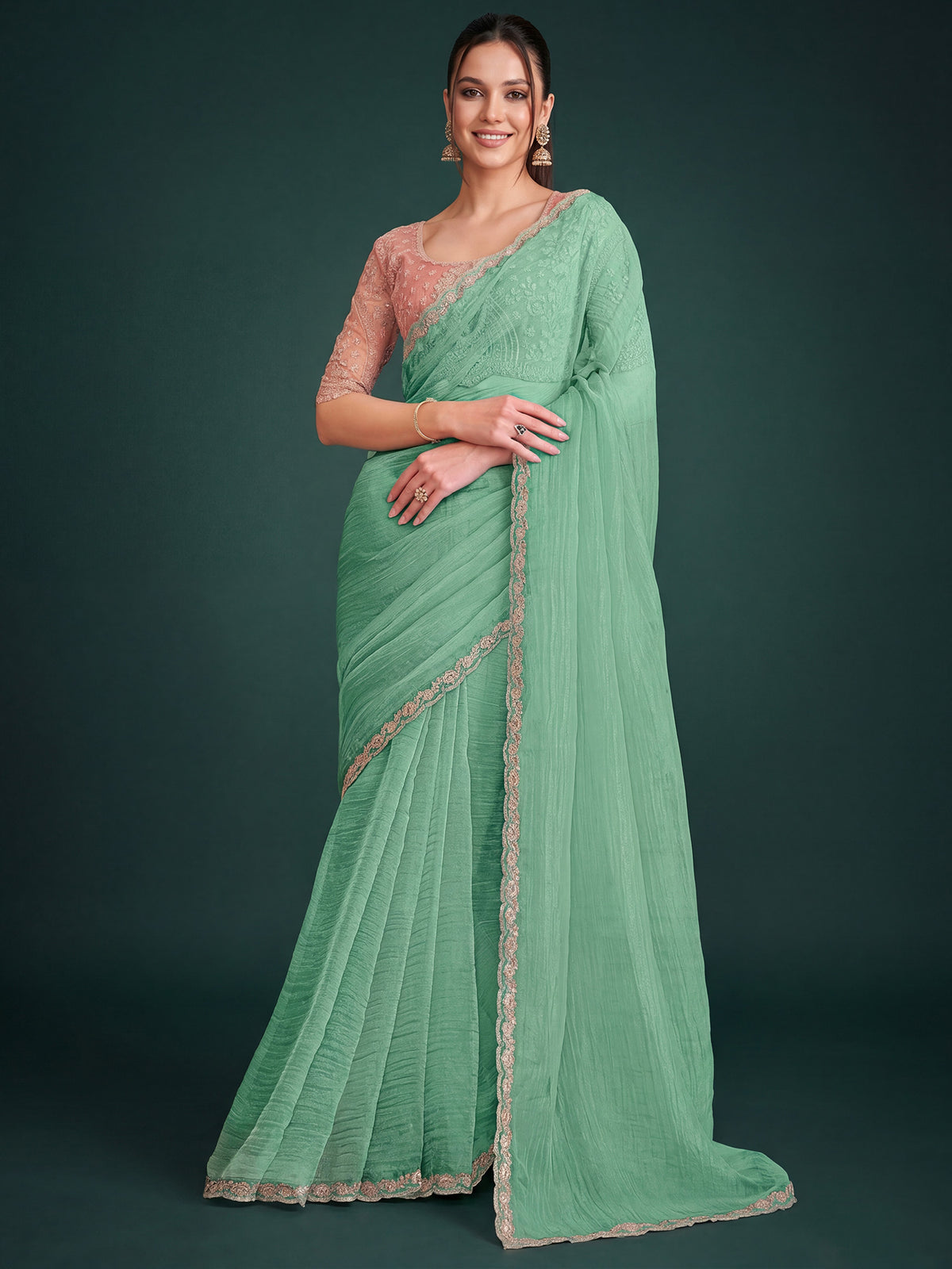 Turquoise Georgette saree – detail view 3