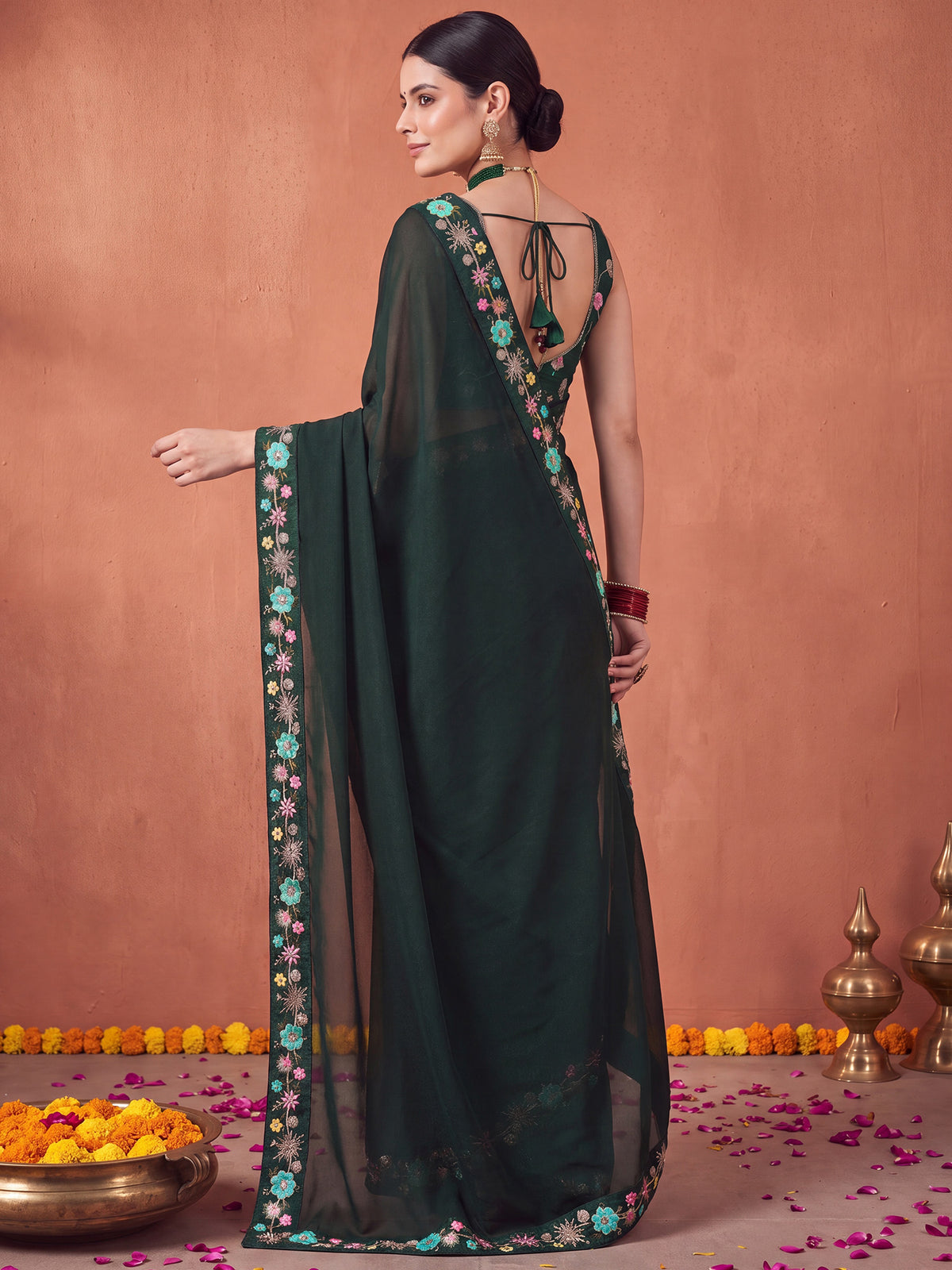 Green Poly Georgette saree – detail view 1