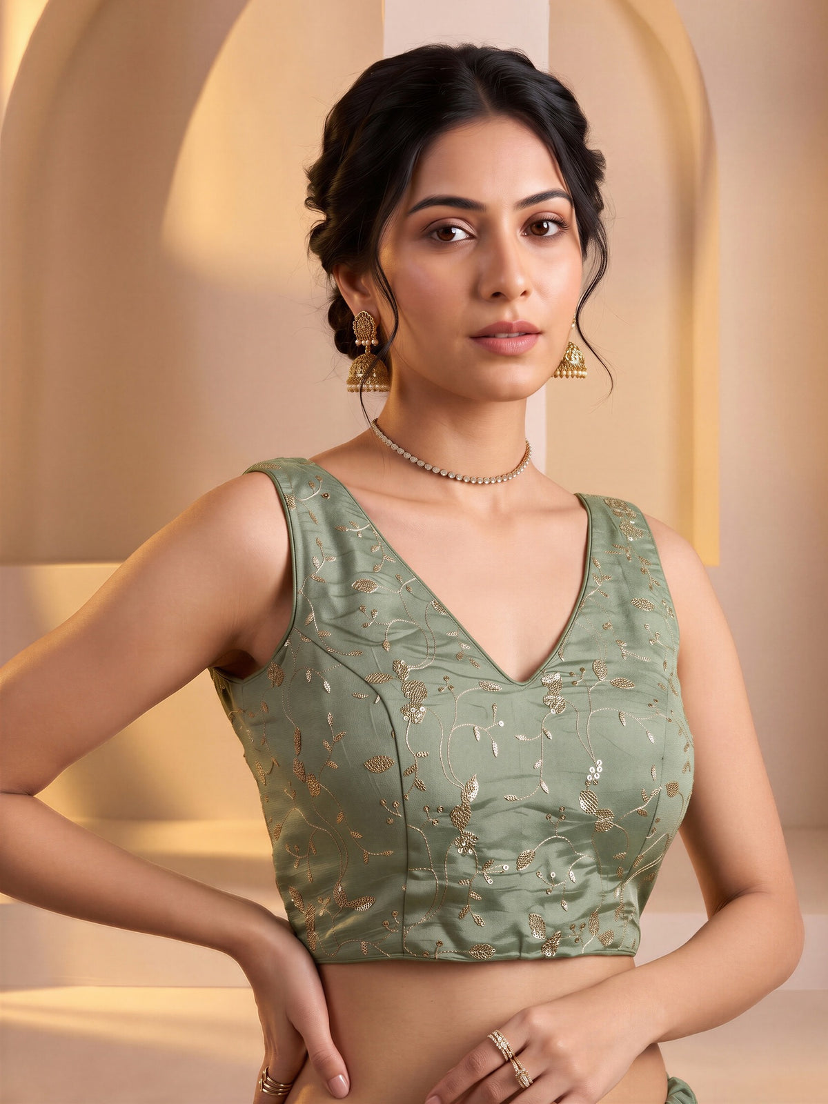 Sea Green sequin embroidered vichitra silk sleeveless readymade saree blouse with v neck view 2