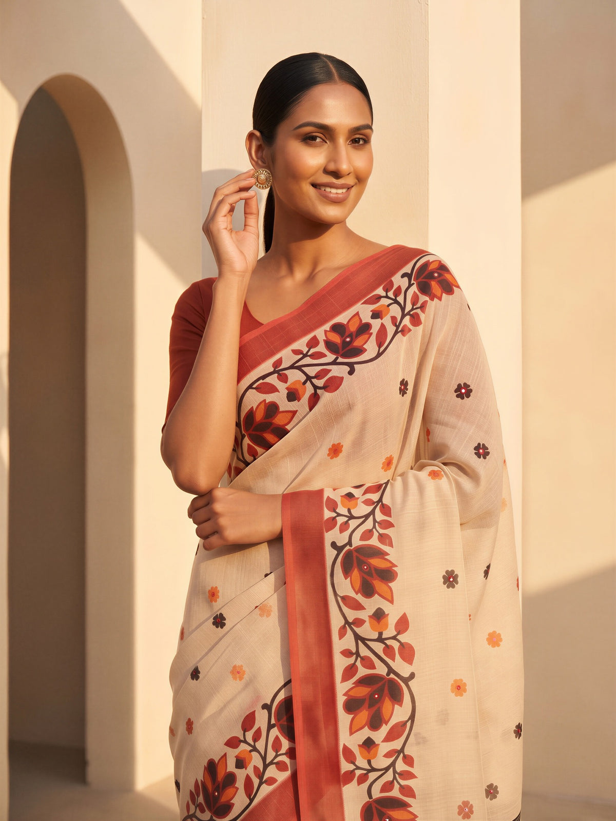 Beige Linen Blend saree – detail view 4