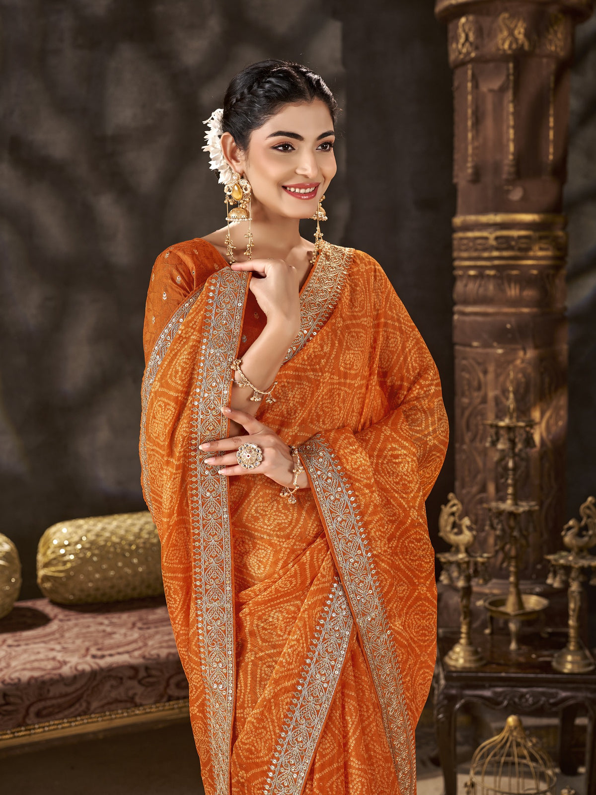 Orange Chiffon saree – detail view 5