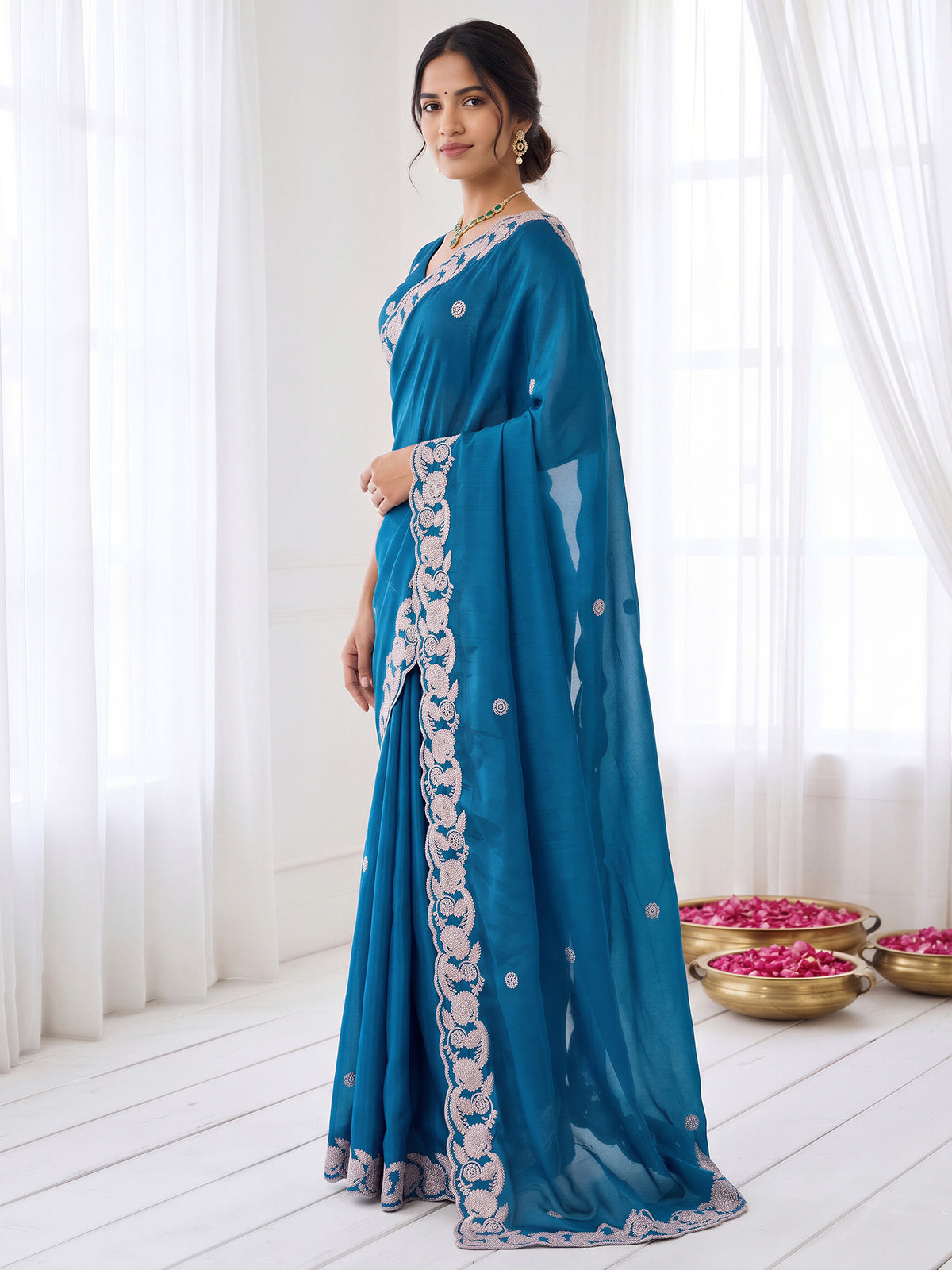 Teal Blue Satin saree – detail view 2