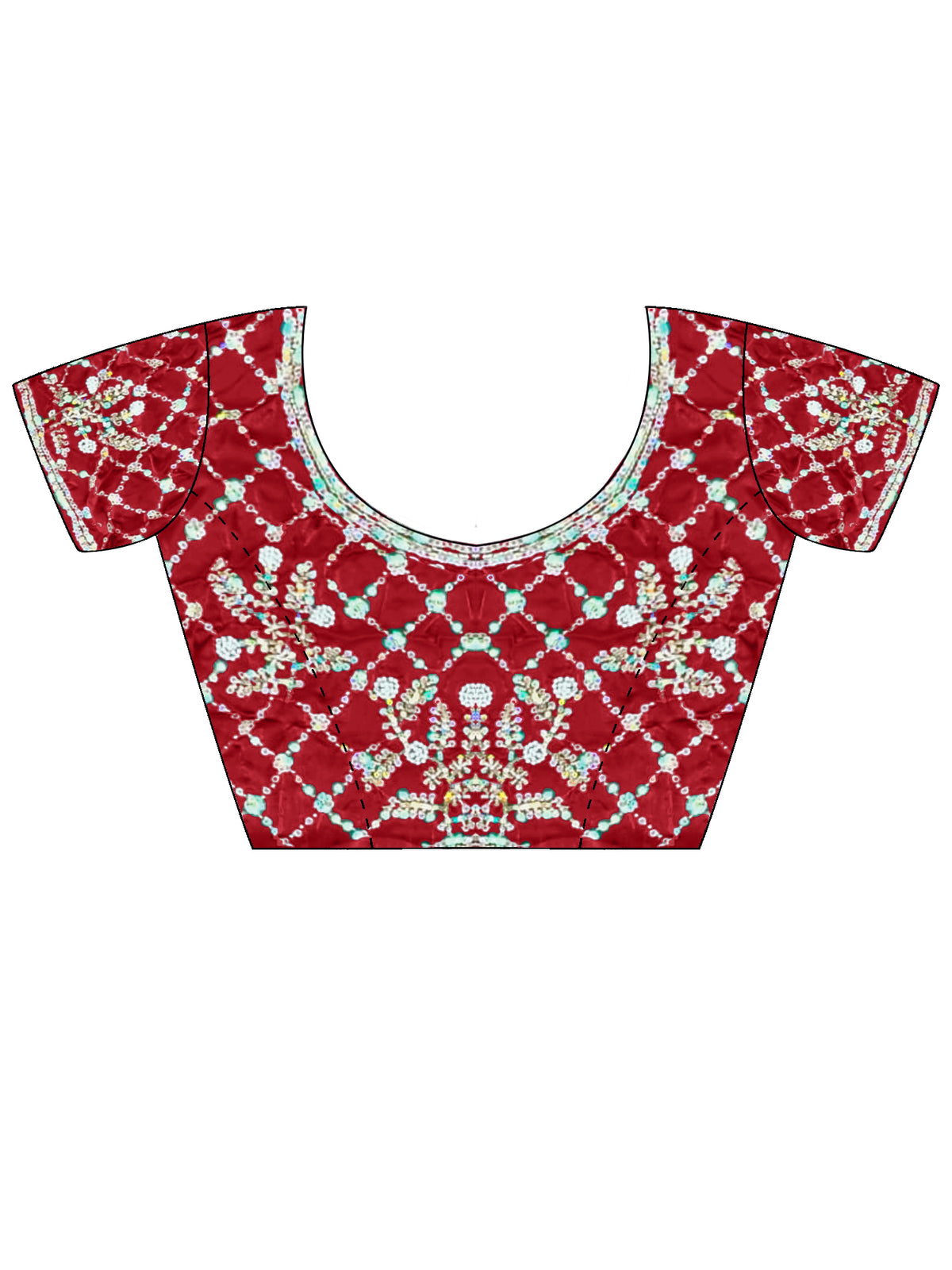 Unstitched red satin blouse piece with embellished design