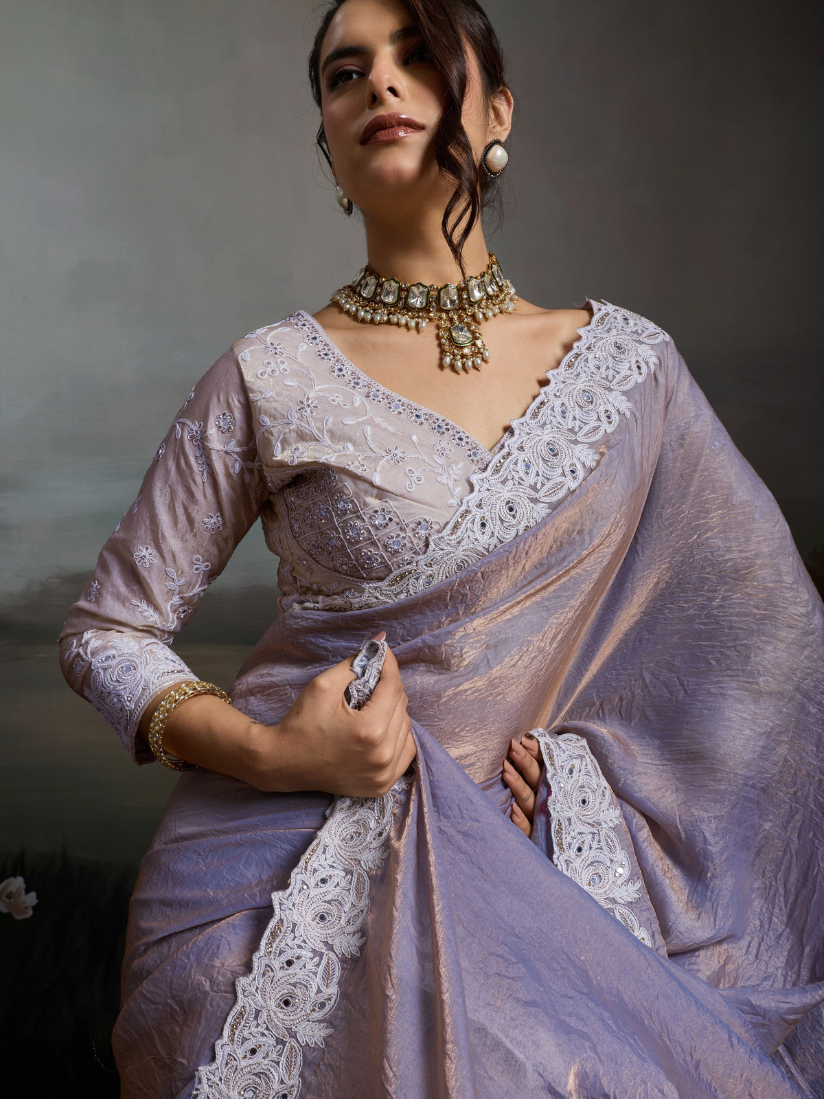 Lavender Satin Silk saree – detail view 4