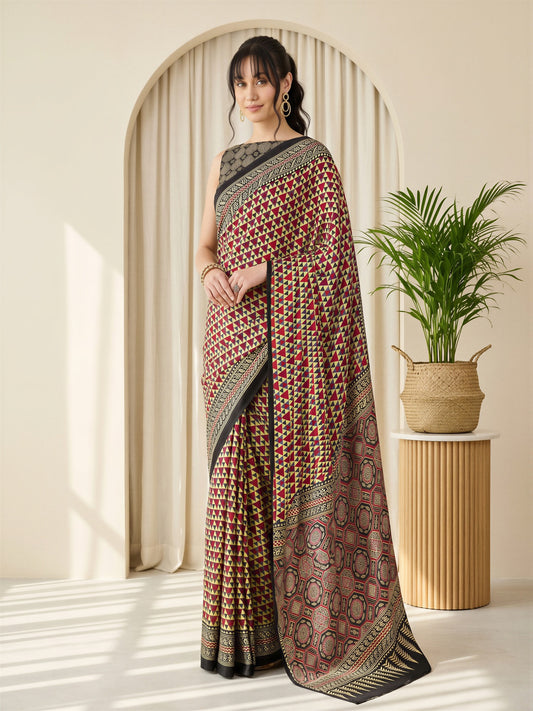 Woman wearing red satin saree with ajrak block-print motif work and black blouse