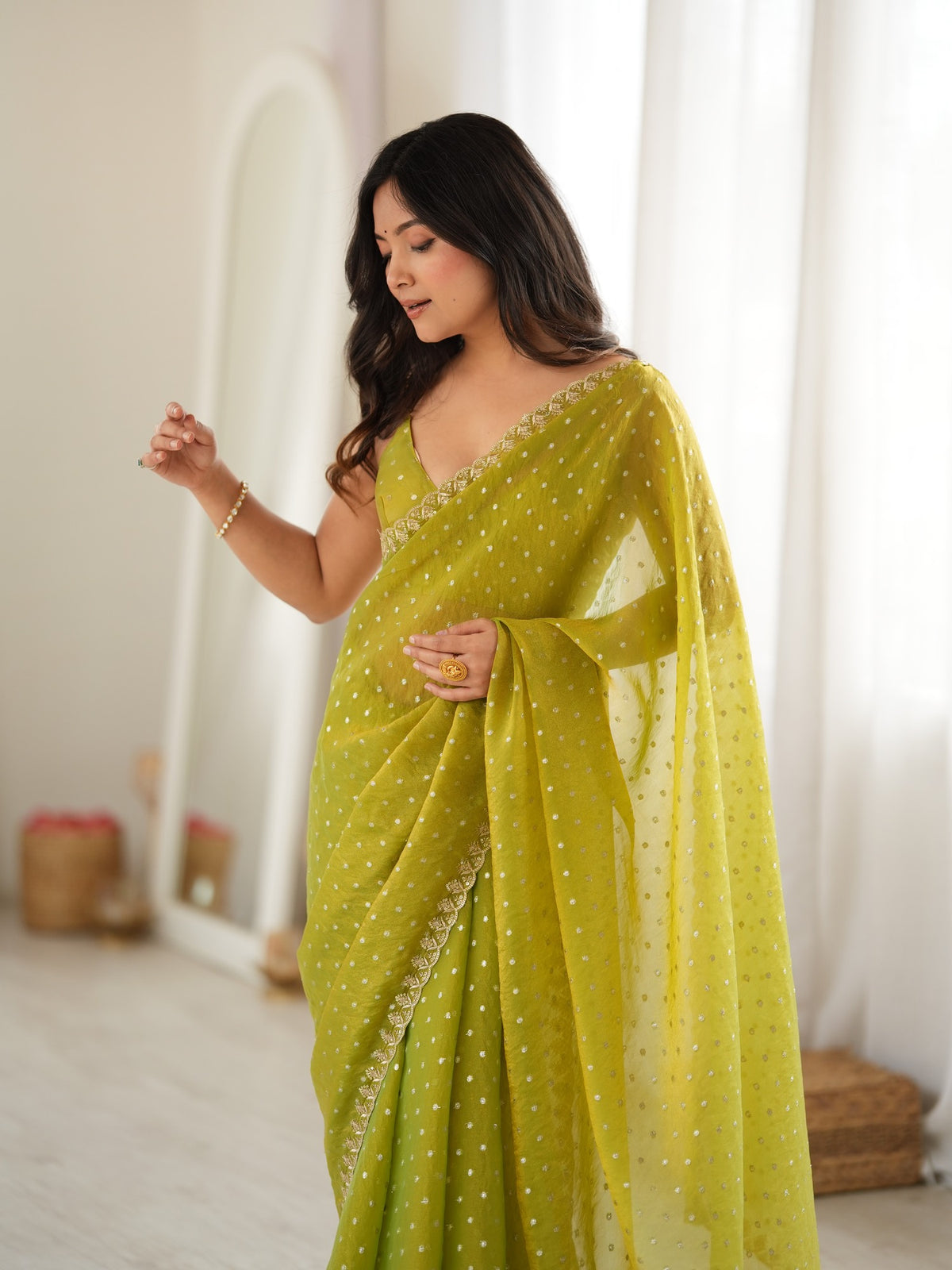 Lime Green Georgette saree – detail view 2